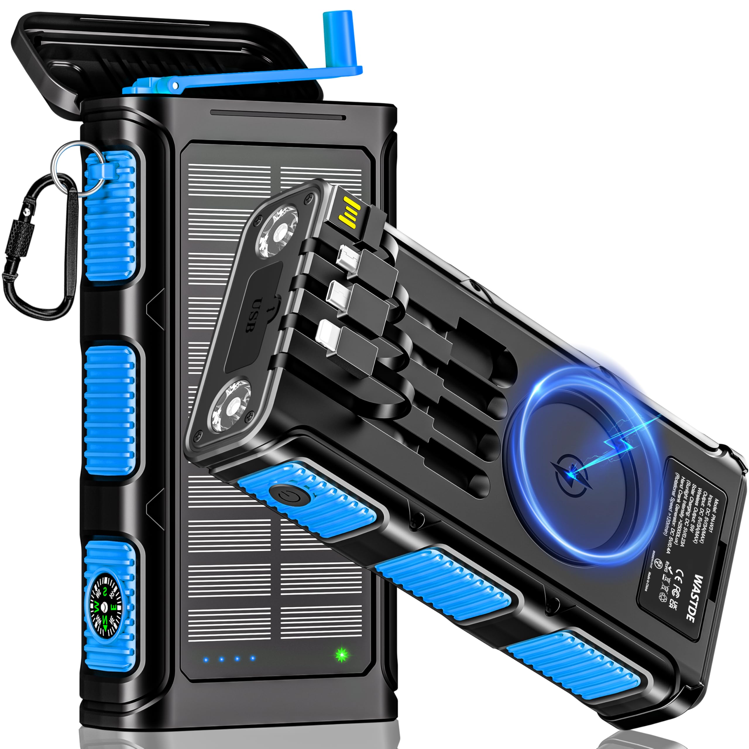 Power Bank Solare 26800mAh, Powerbank Wireless con Carica Solare, Manovella e 4 Cavi, Power Bank USB-C Ricarica Rapida 7 Uscite e 5 Ingressi per Telefono, Batteria Esterna Impermeabile per Campeggio