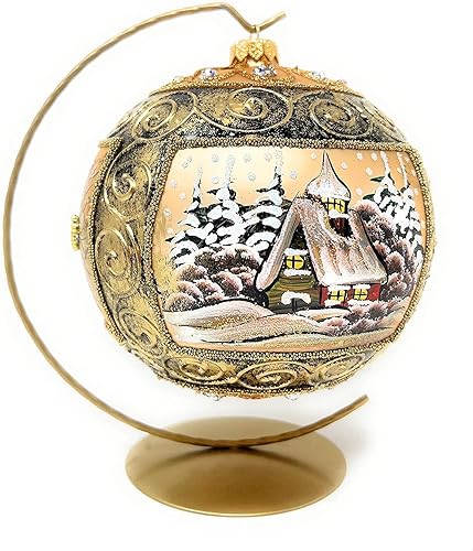 Miniatura 3 de Adorno de Navidad, vista de encanto de invierno con flor de pascua, bola de vidrio soplado (6 pulgadas, dorado)