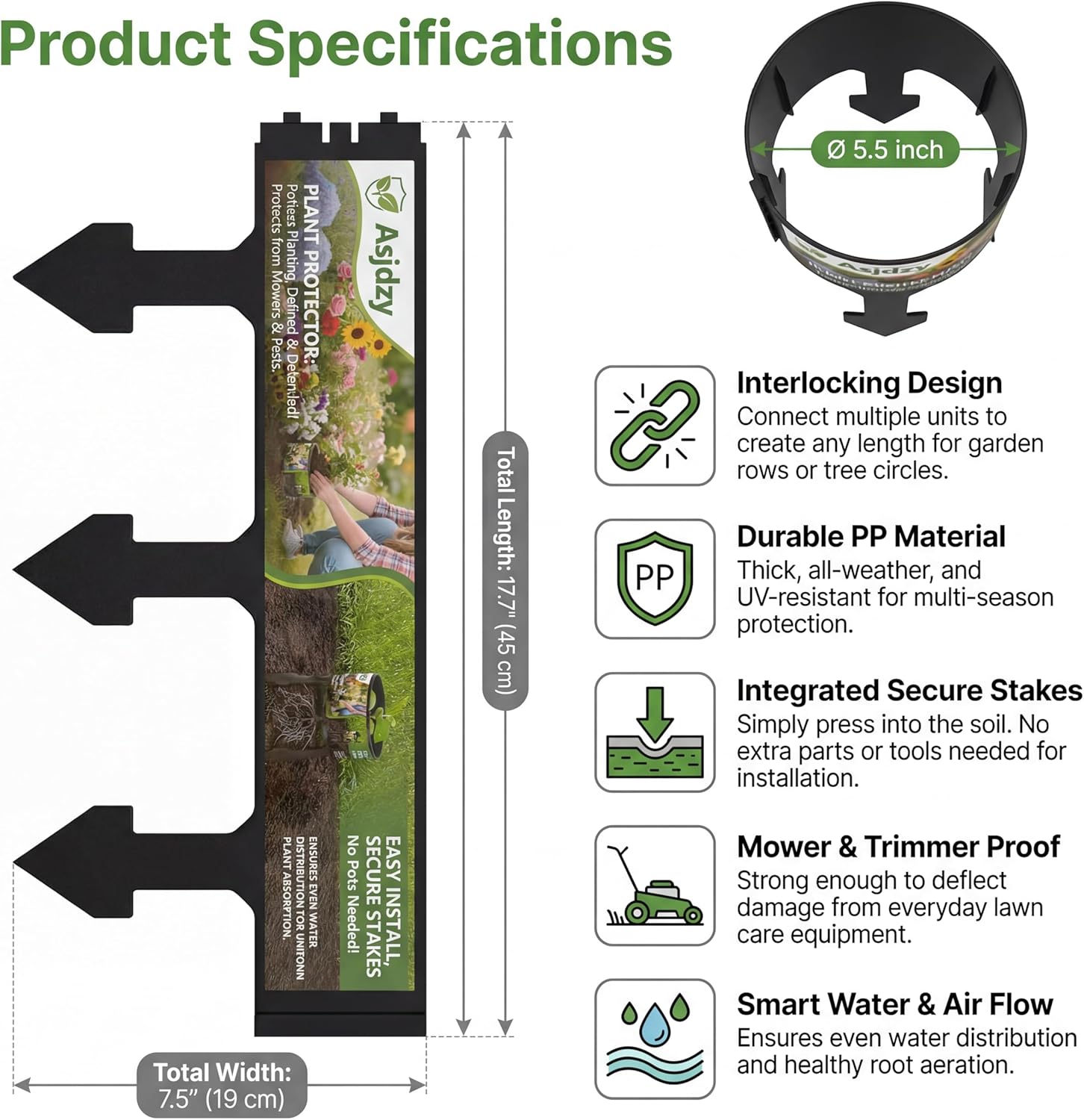 Plant Protector, Interlocking Design, Durable PP Material, Mower & Trimmer Proof, 7.5 Inch Width, 17.7 Inch Length 3 PCS