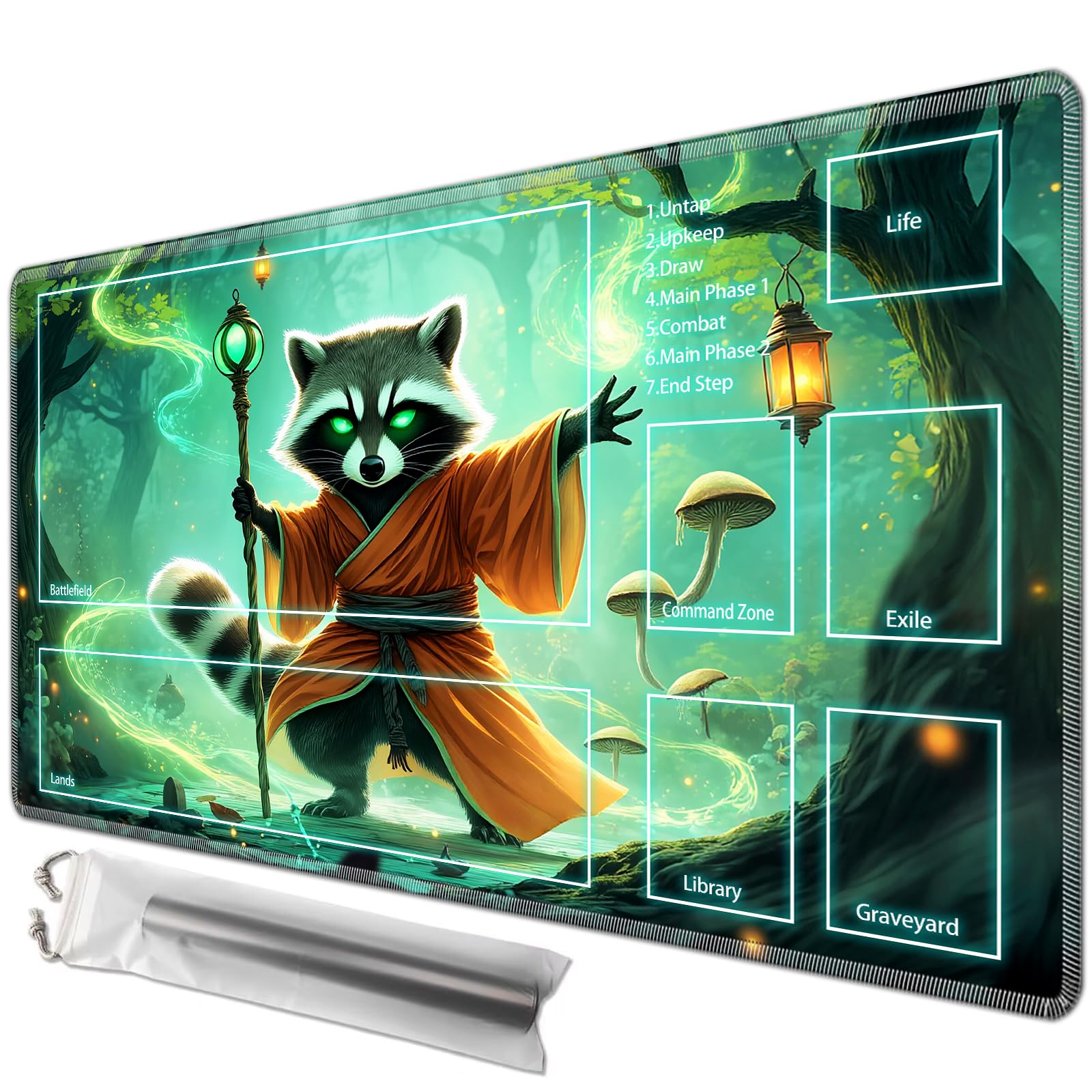 JANENFNA Playmat 24" x 14" with Magic Zones for MTG Card Game Playing, Board Game Mat for Card Breaking Commander Deck Gaming Card Game Battles Mat with Storage Bags,Forest Magician Raccoon