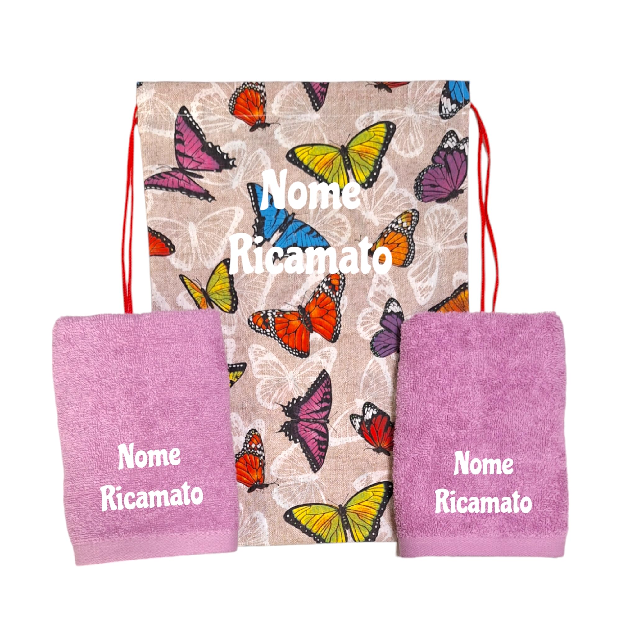 Set asilo 3 pezzi ricamato. Sacca asilo e 2 asciugamani con asola personalizzati. Set asilo bambina e bambino in cotone (Farfalla)
