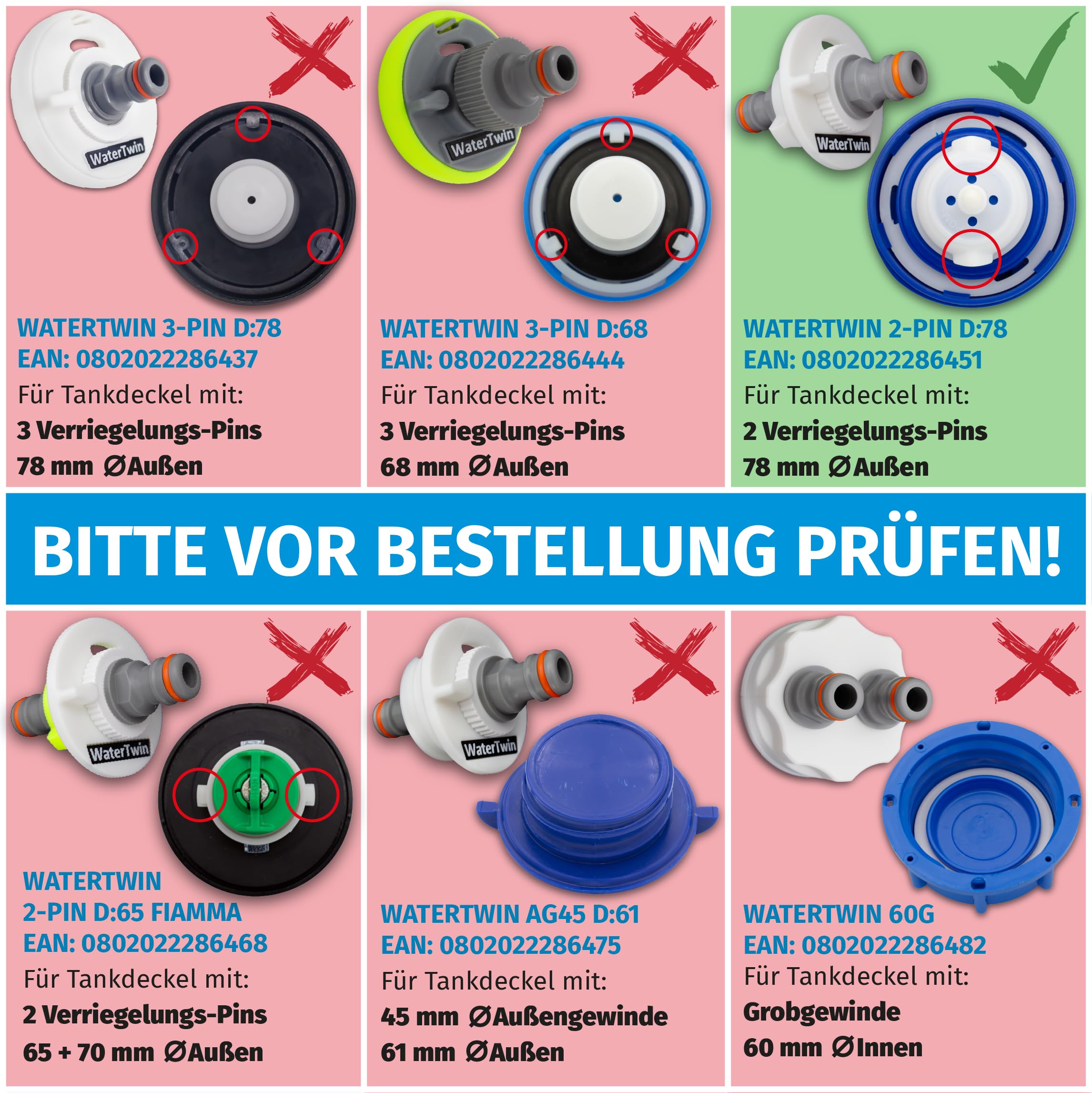 WATERTWIN Adaptateur de réservoir d'eau pour camping | Accessoire caravane campeur | Bouchon de réservoir d'eau avec connexion Gardena (adaptateur pour bouchon de réservoir à 2 broches D: 78)
