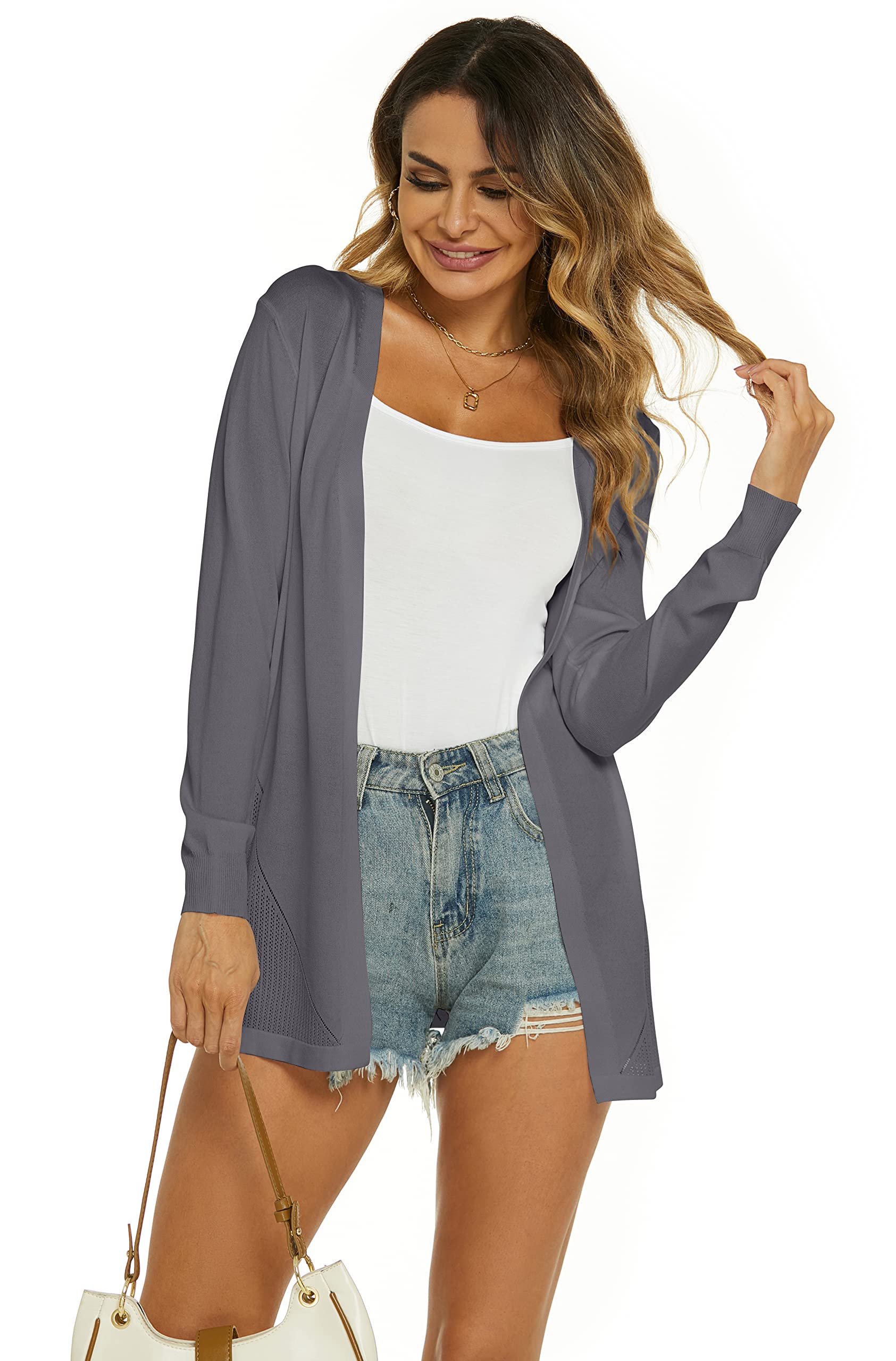 Gilet Long Femme Été Cardigan Veste Tricot Léger Manches Longues Gilet Elégant Ouverte Cardigan