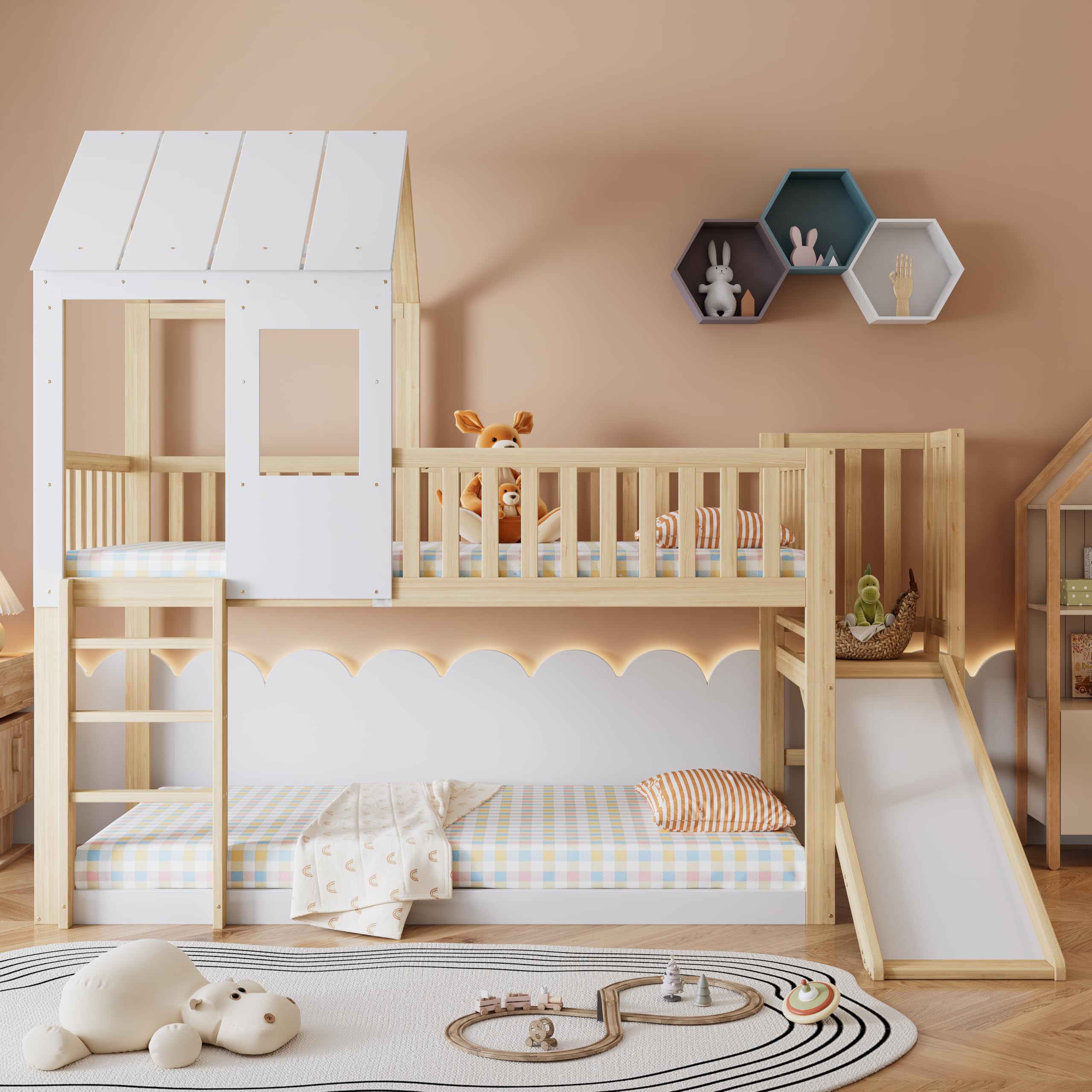 Letto a soppalco con scala ad angolo retto e scivolo, letto per casa con tetto e finestra, letto per bambini con protezione anti-caduta e griglia, struttura in pino, Natural+Bianco (90x200cm