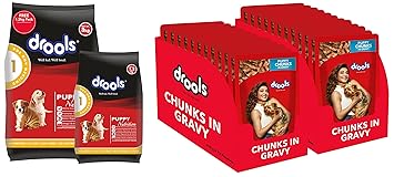 Drools Chicken and Egg Puppy Dry Dog Food, 3kg with Free 1.2kg & Puppy Wet Dog Food, Real Chicken and Chicken Liver Chunks in Gravy, 24 Pouches (24 x 150g)