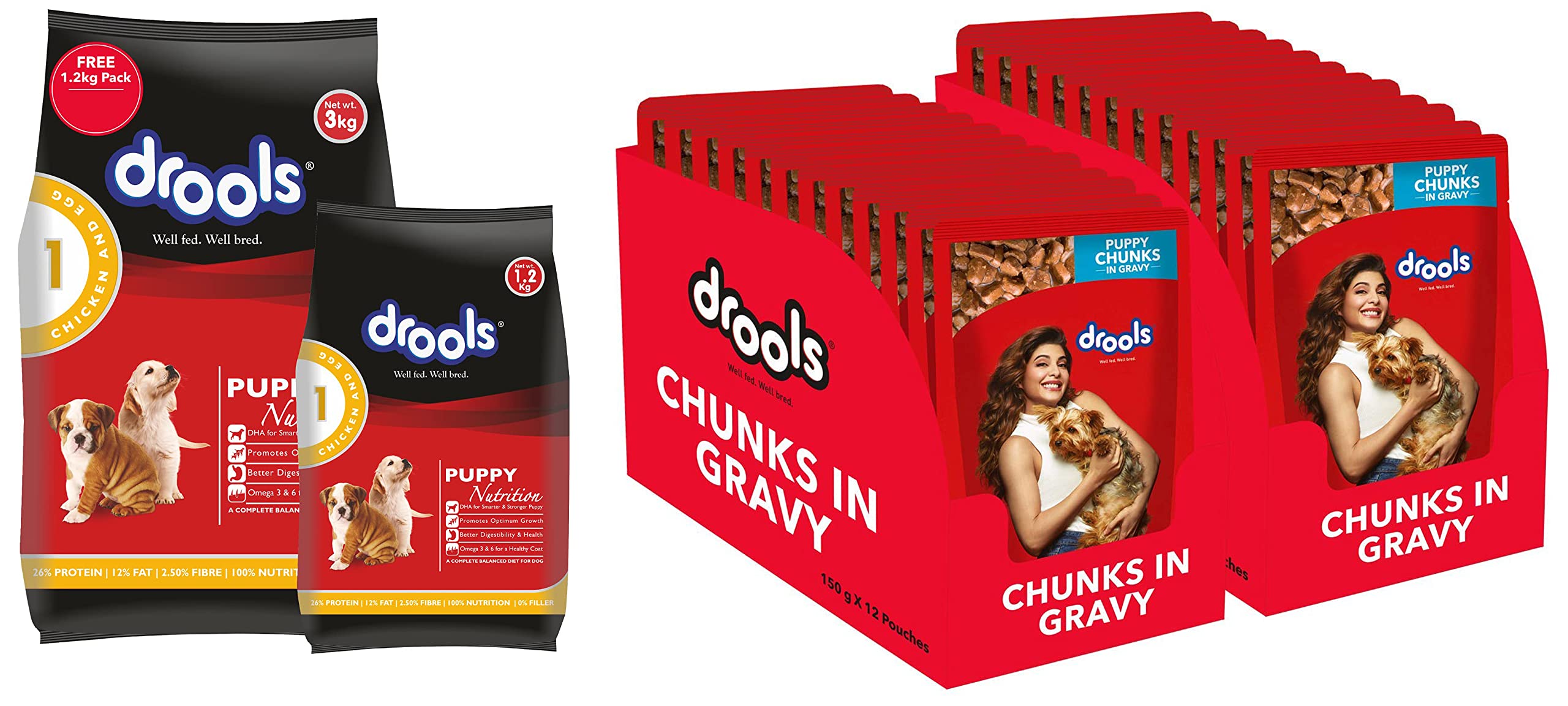Drools Chicken and Egg Puppy Dry Dog Food, 3kg with Free 1.2kg & Puppy Wet Dog Food, Real Chicken and Chicken Liver Chunks in Gravy, 24 Pouches (24 x 150g) (B09V9Z82BP) Amazon Price History, Amazon Price Tracker