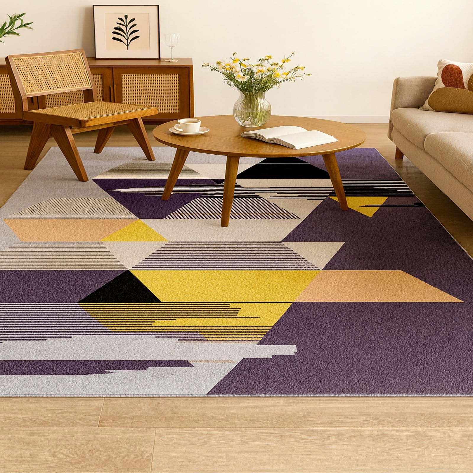 Tapis de décoration moderne geometric pourpre noir et jaune 80 x 120 cm de style