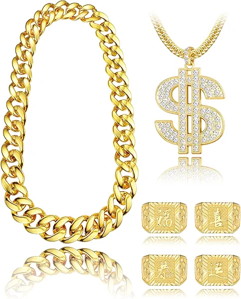 FIBO STEEL 80s 90s Accessories Outfit for Men Women Hip Hop Costumes Outfit Fake Gold Chains Dollar Sign Necklaces and Kanji Blessing Lucky Rings Set 80s 90s Party Jewelry