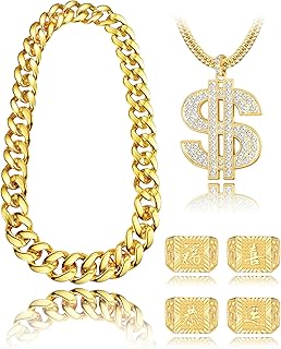 FIBO STEEL 80s 90s Accessories Outfit for Men Women Hip Hop Costumes Outfit Fake Gold Chains Dollar Sign Necklaces and Kanji Blessing Lucky Rings Set 80s 90s Party Jewelry