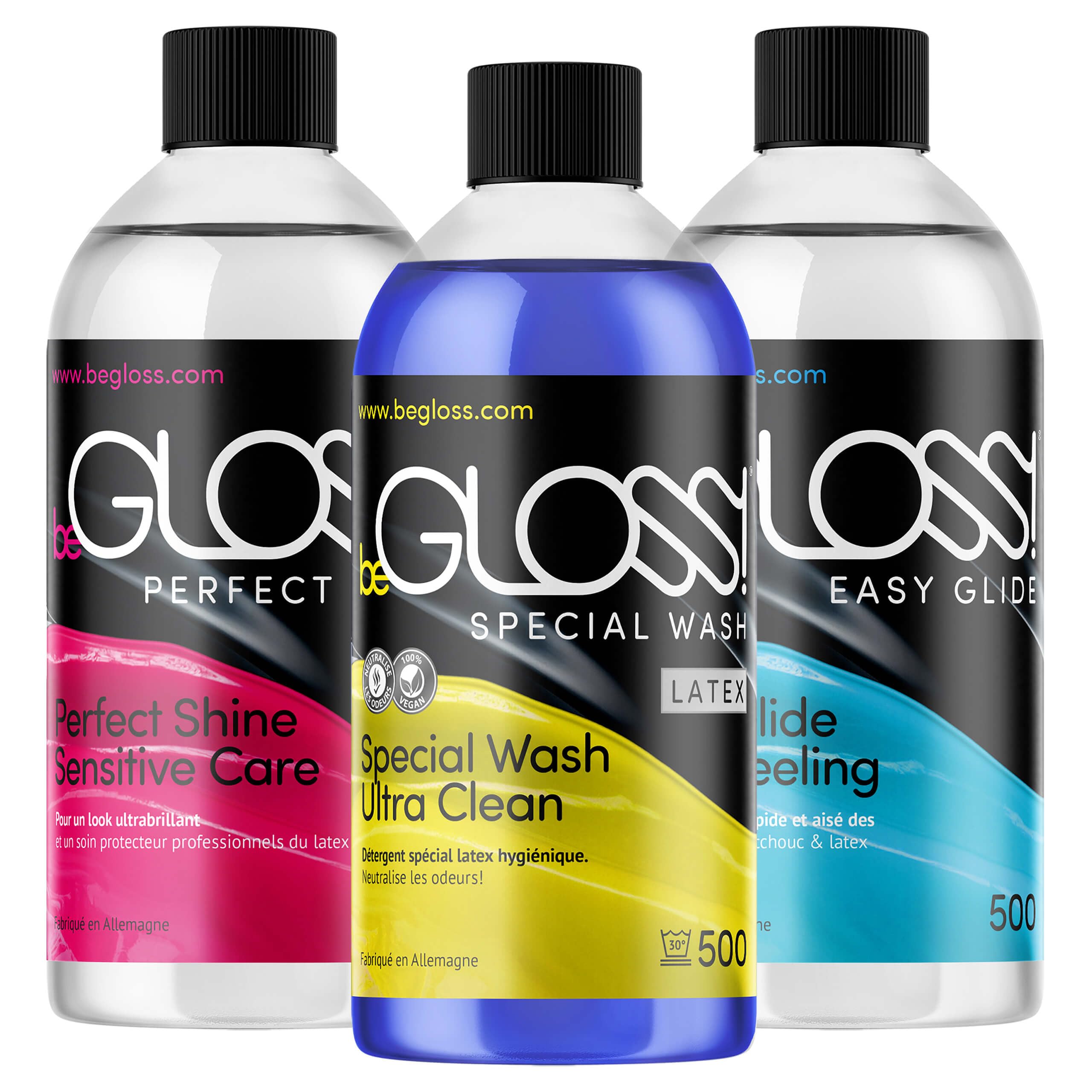 Latex Care SET 500 - Perfect SHINE-Latex Polish - Easy GLIDE-Latex Dressing AID Spécial WASH LATEX-Détergent spécial