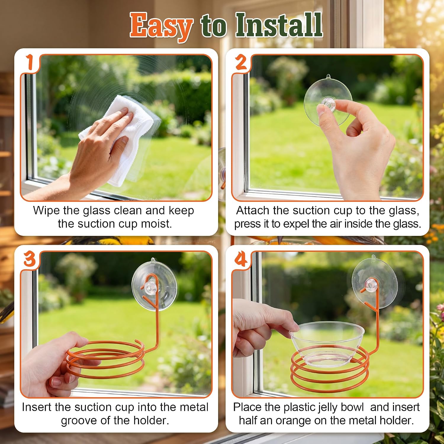 Window Oriole Feeders for Outdoors, Hanging 6 oz Metal Oriole Bird Feeder for Jelly and Oranges with Fruit Holder & Strong Suction Cup for Window, Garden, Patio(2 Set)
