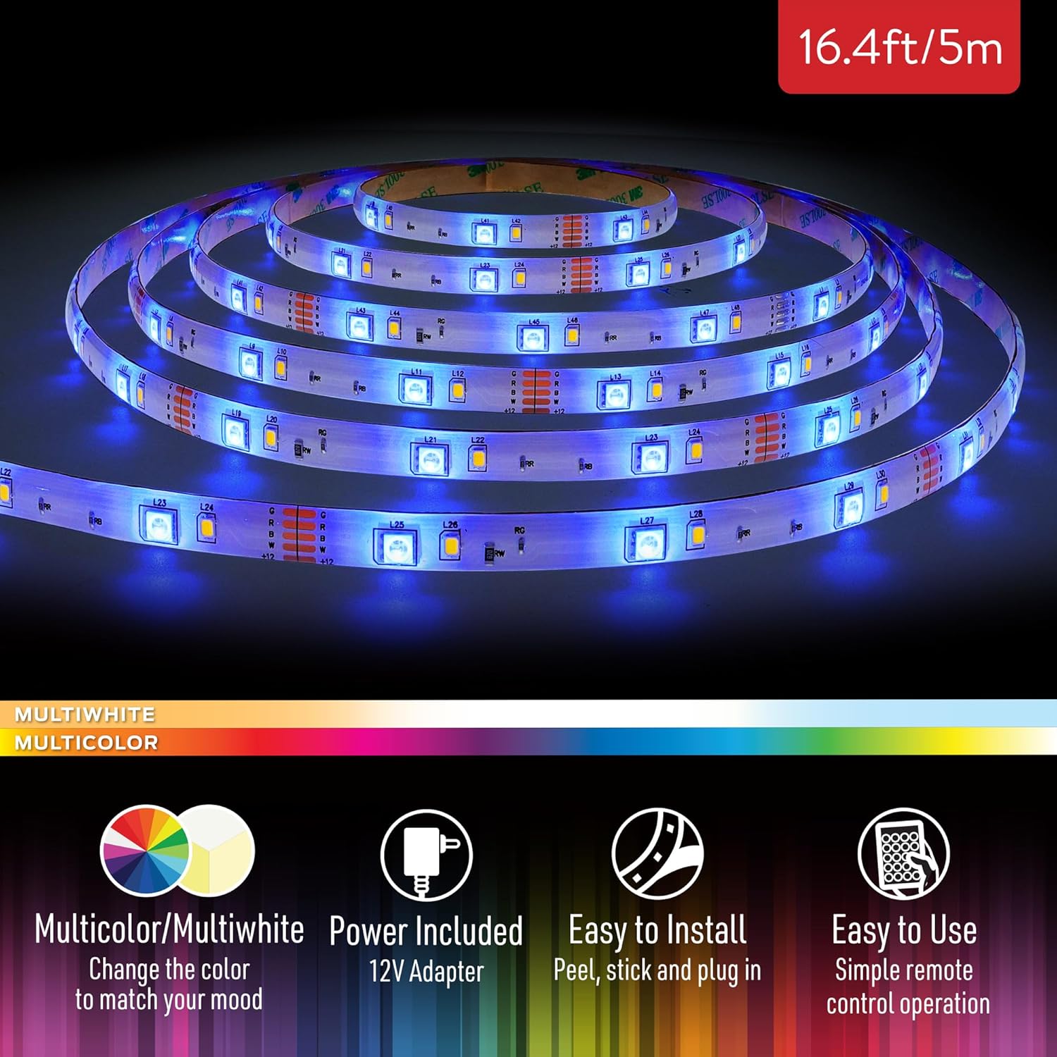 XTREME Lit 16.4ft RGBW Color-Changing Indoor LED Light Strip, 12V Adapter, Easy DIY Installation
