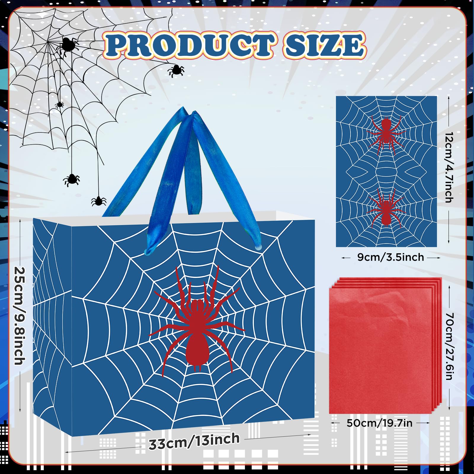 Yomaiha Blue Spider Birthday Gift Bag Spider Party Paper Bags with Handles Tissue Paper and Card Blue Spider Webs Wrapping Bag Spider Party Decorations for Men Girls Boys Birthday Supplies