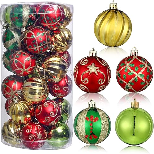 Hungdao 30 adornos de bola de Navidad de 2.36 pulgadas, decoración de árbol de plástico brillante, rojo y verde, colgante, adornos de bolas de
