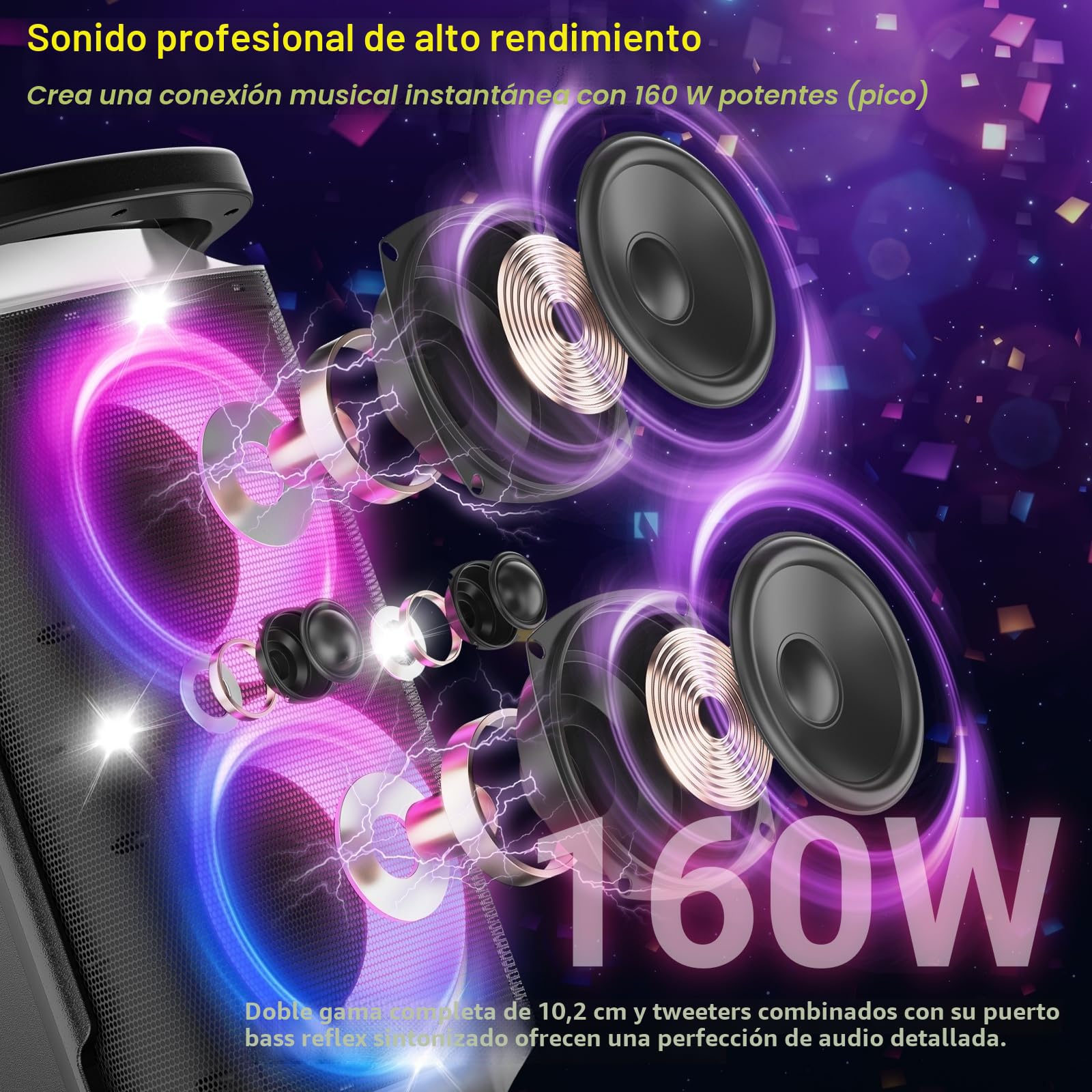 TPBEAT Altavoz Bluetooth Portatil Potente, 160W Partybox, Sonido Fuerte, Punchy Bass, Altavoz Bluetooth Grande con Espectáculo de luz LED, Carga Rápida, 15h de Juego, Memoria USB para Party, AUX, EQ
