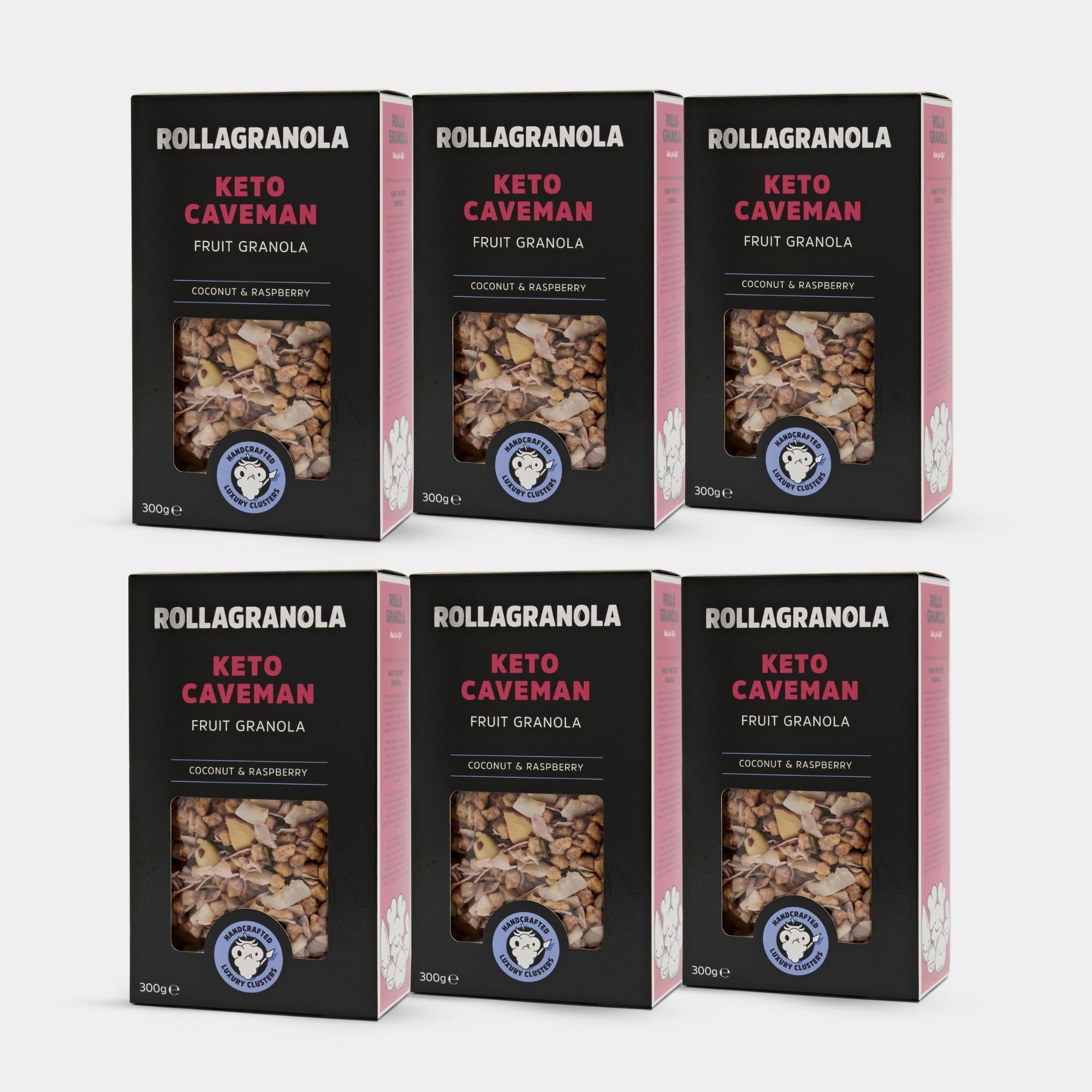 Rollagranola - Keto Caveman, Fruit Granola, 6 x 300g Box - Keto Granola, High Protein, Low Carb, Vegan, Gluten Free & Cereal Free with No Added Sugar, Handcrafted in the UK (6 x 300g)
