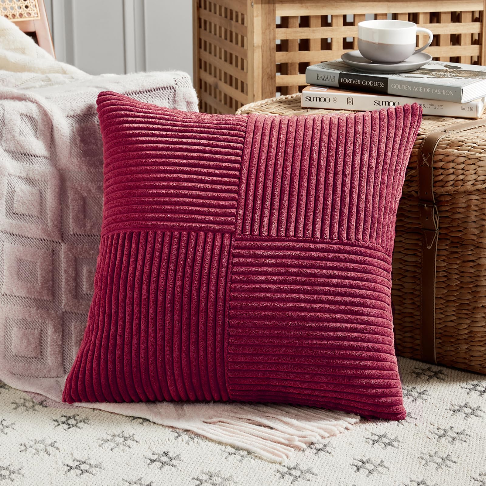 FDTERN Burgundy Big Decorative Throw Pillow Covers 24x24 Inch for Living Room Couch Bed Sofa, Rustic Farmhouse Boho Home Decor, Soft Corss Corduroy Patchwork Accent Cushion Covers 60x60 cm — image 1