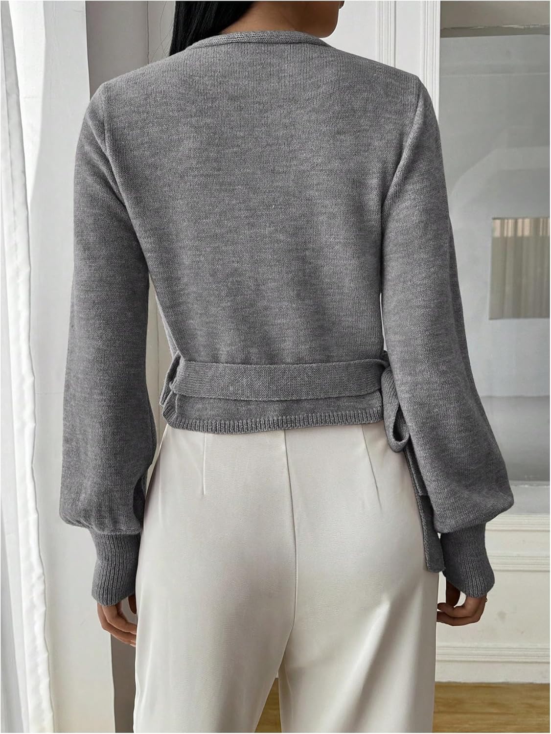 SHENHE Women's Casual V Neck Wrap Sweater Pullover Long Sleeve Slim Fit Knit Crop Top Sweater - Image 2