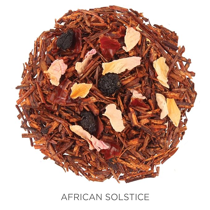 The loose tea canister of African Solstice by Tea Forte is designed to provide a luxurious and flavorful tea experience. The canister is airtight and resealable, keeping the tea fresh and fragrant for longer periods of time. This herbal blend is known for its smooth and soothing taste, making it a popular choice for those looking to relax and unwind with a delicious cup of tea.