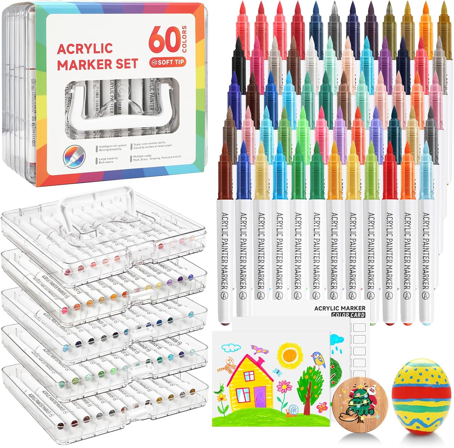 miikoul 60 colors acrylic paint markers automatic ink control soft brush tip paint pens for rock egg wood ceramic fabric painting canvas diy crafts art back to school teacher supplies kids gifts