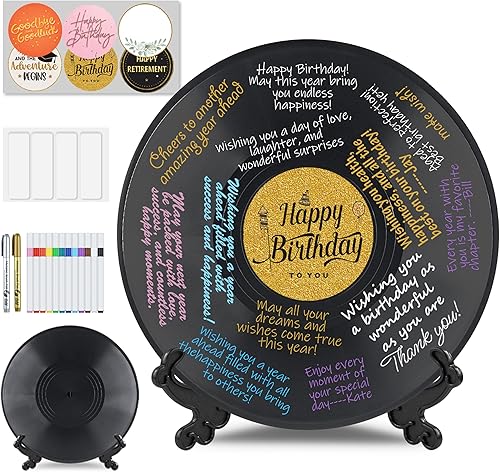 Miniatura 7 de 4 piezas de libro de invitados de disco de vinilo retro para fiestas, tablero de registro con 8 bolígrafos y 6 calcomanías decorativas, cumpleaños,