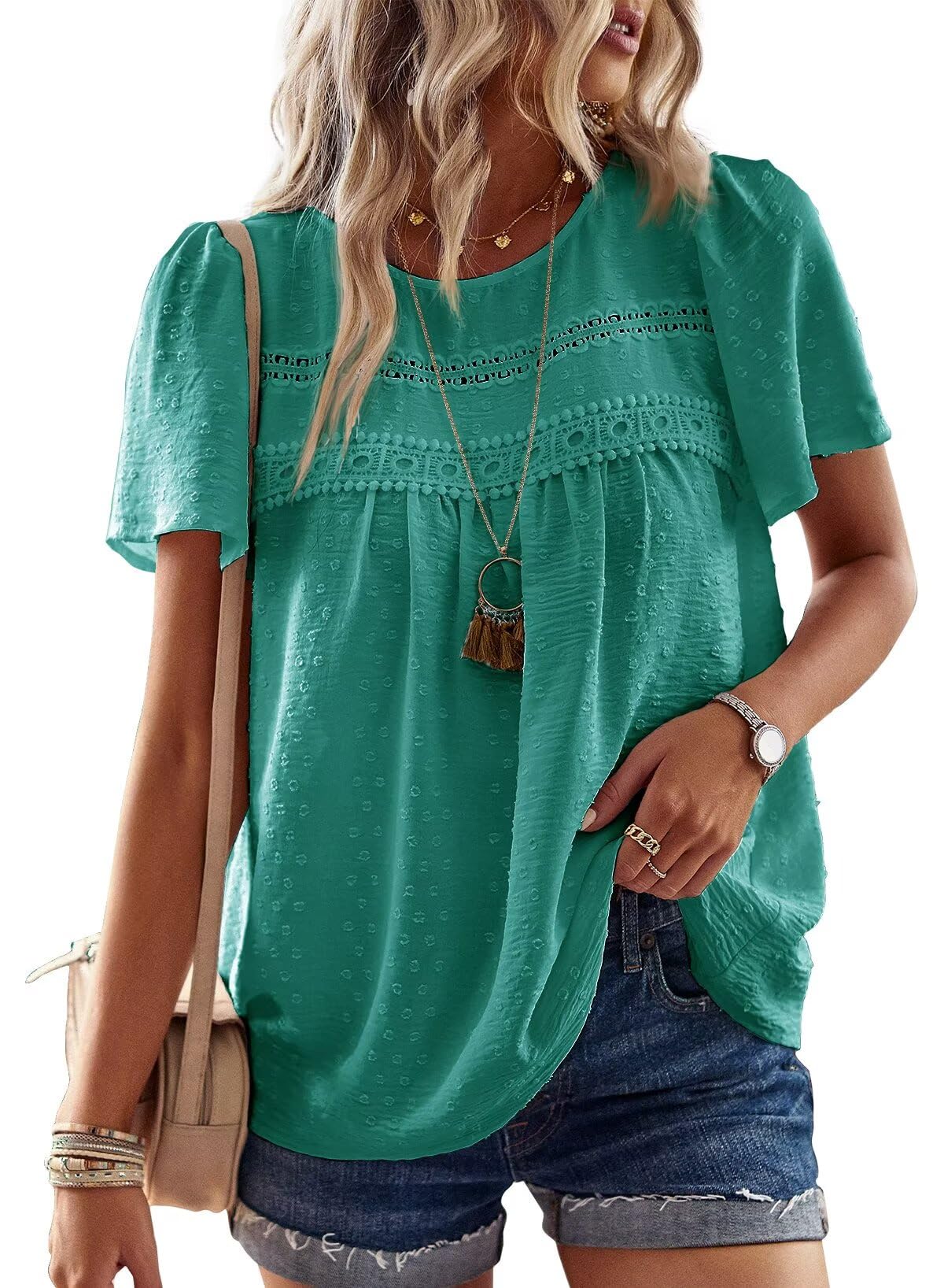 TUUHAW T-Shirt da Donna Pizzo Manica Corta Magliette con Scollo Estive Camicia Casual Abbigliamento Boho Top Maglie Tunica