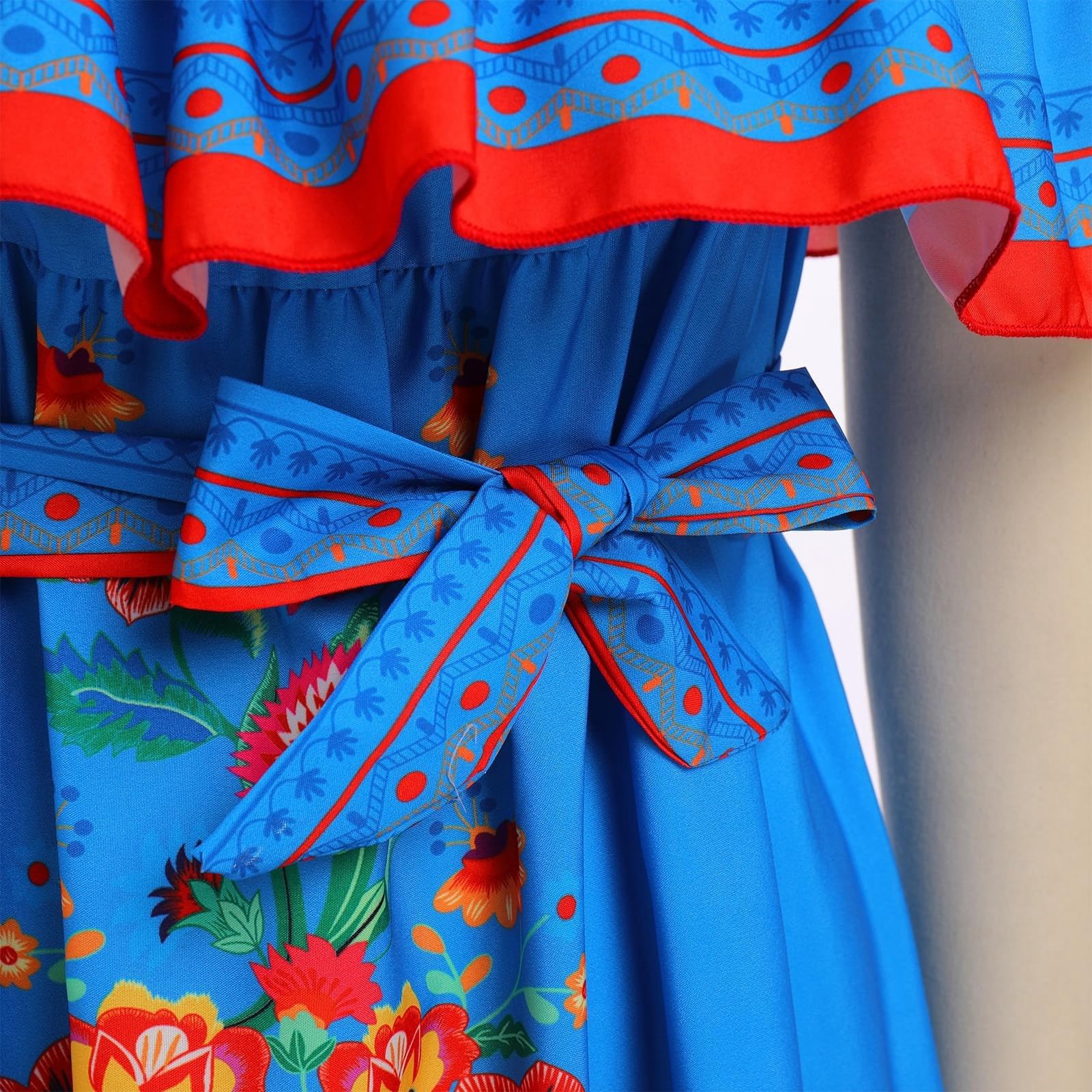 Robe Longue Femme | Mexicaine Traditionnelle | Épaules Dénudées | Jupe Ample | Imprimé Floral Rouge | Bohème Chic Été