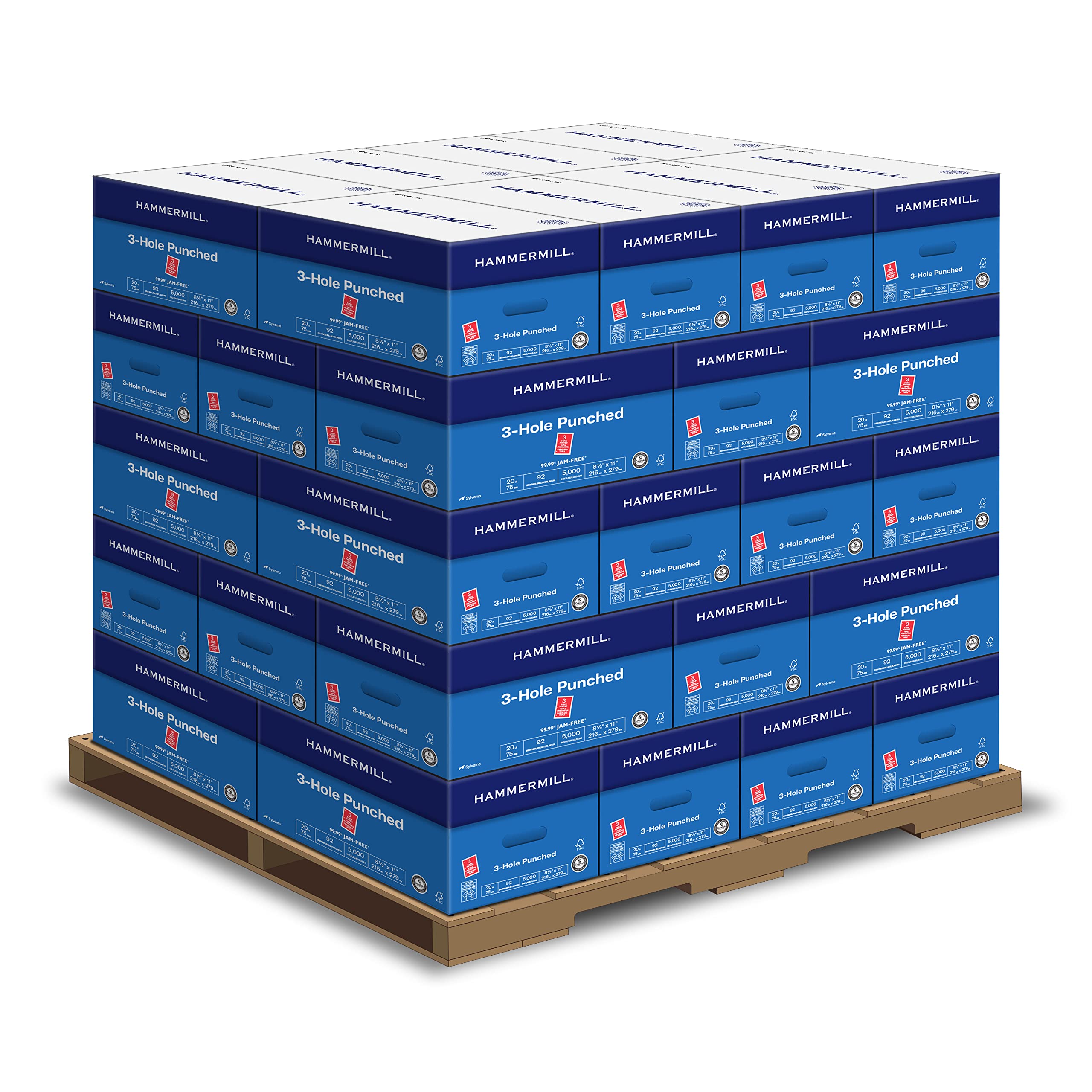 Hammermill Printer Paper, 20 lb Copy Paper, 3 Hole - 1 Pallet, 40 Cases (200,000 Sheets) - 92 Bright, Made in the USA