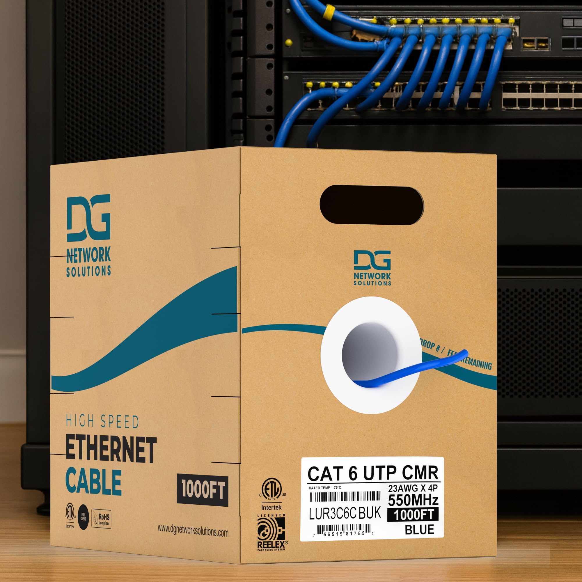 DG Cat6 Riser (CMR), 1000ft, Unshielded, 23AWG, Solid Bare Copper, Up to 10Gb Speeds, No Spline, Faster-Easier Terminations, 550MHz, ETL Listed, Indoor/Home/Commercial Use, Bulk Ethernet Cable, Blue