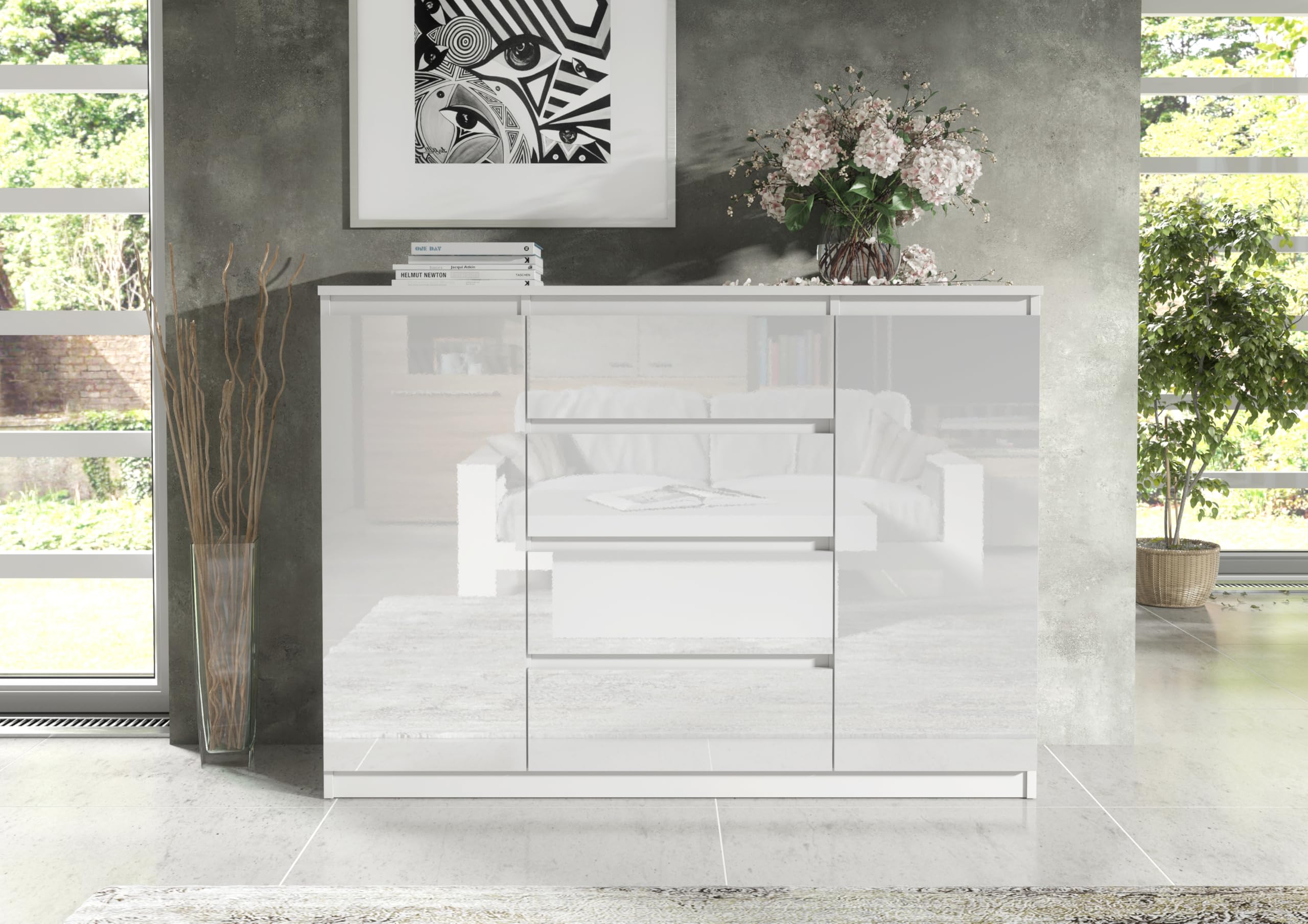 meble masztalerz Kommode Weiß Hochglanz-Fronten mit 4 Schubladen & 2 Türen 120 cm - Sideboard Wohnzimmer, Schlafzimmer - H:101,5 cm, B:120,4 cm, T:39 cm - Kommode mit Schubladen - Schubladenschrank