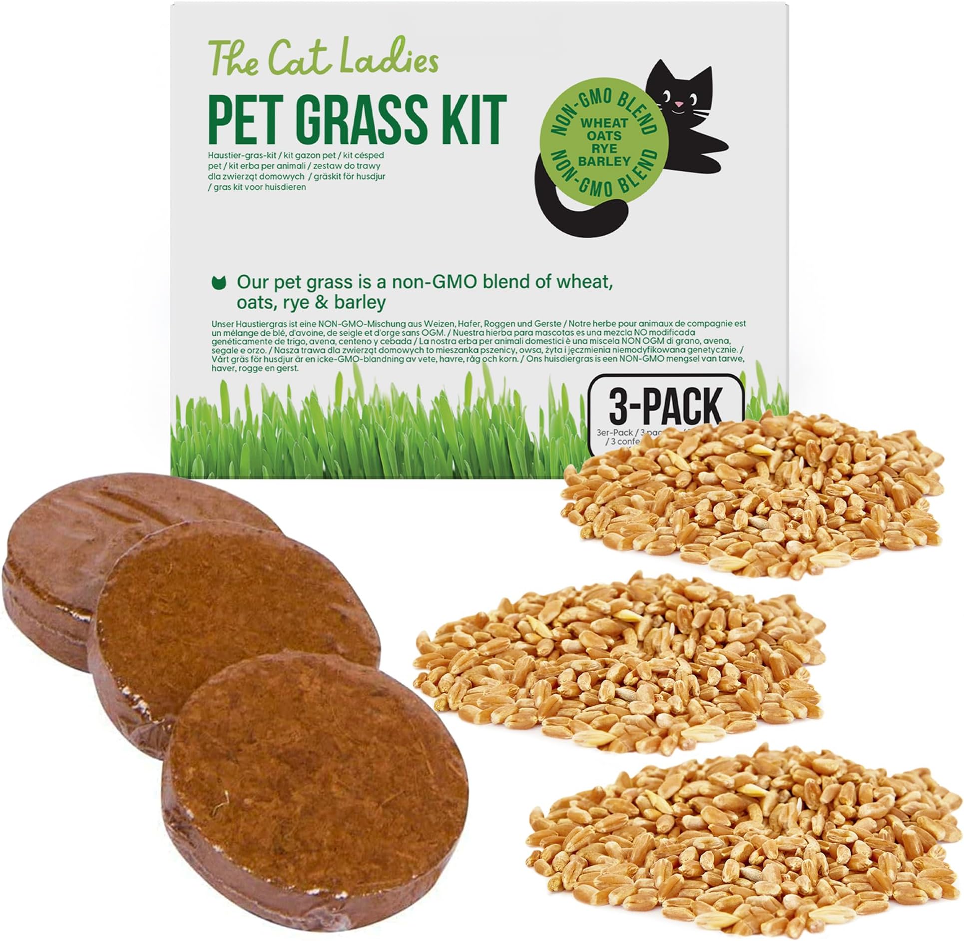The Cat Ladies Cat Grass Refill Kit 3 Pack - Seeds and Grass for Indoor Cats Kit - Seed Mix and Planting Discs - Packed with Important Nutrients For Your Cats