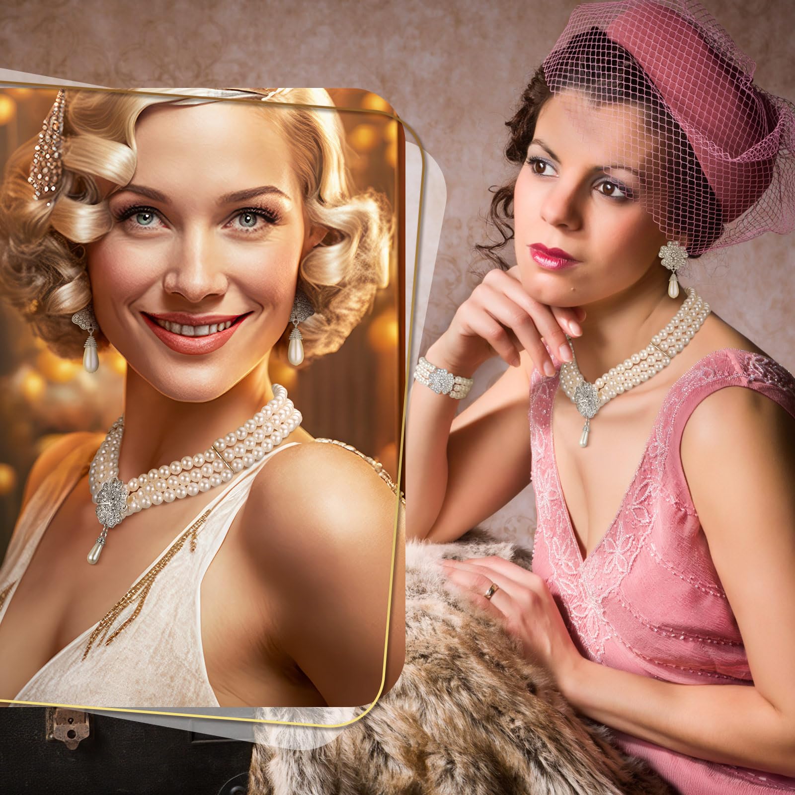 Maitys 3 Pcs 1920s Pearl Jewelry Set Includes Vintage Flapper Earrings Multilayer Imitation Pearl Necklace Bracelet for Women