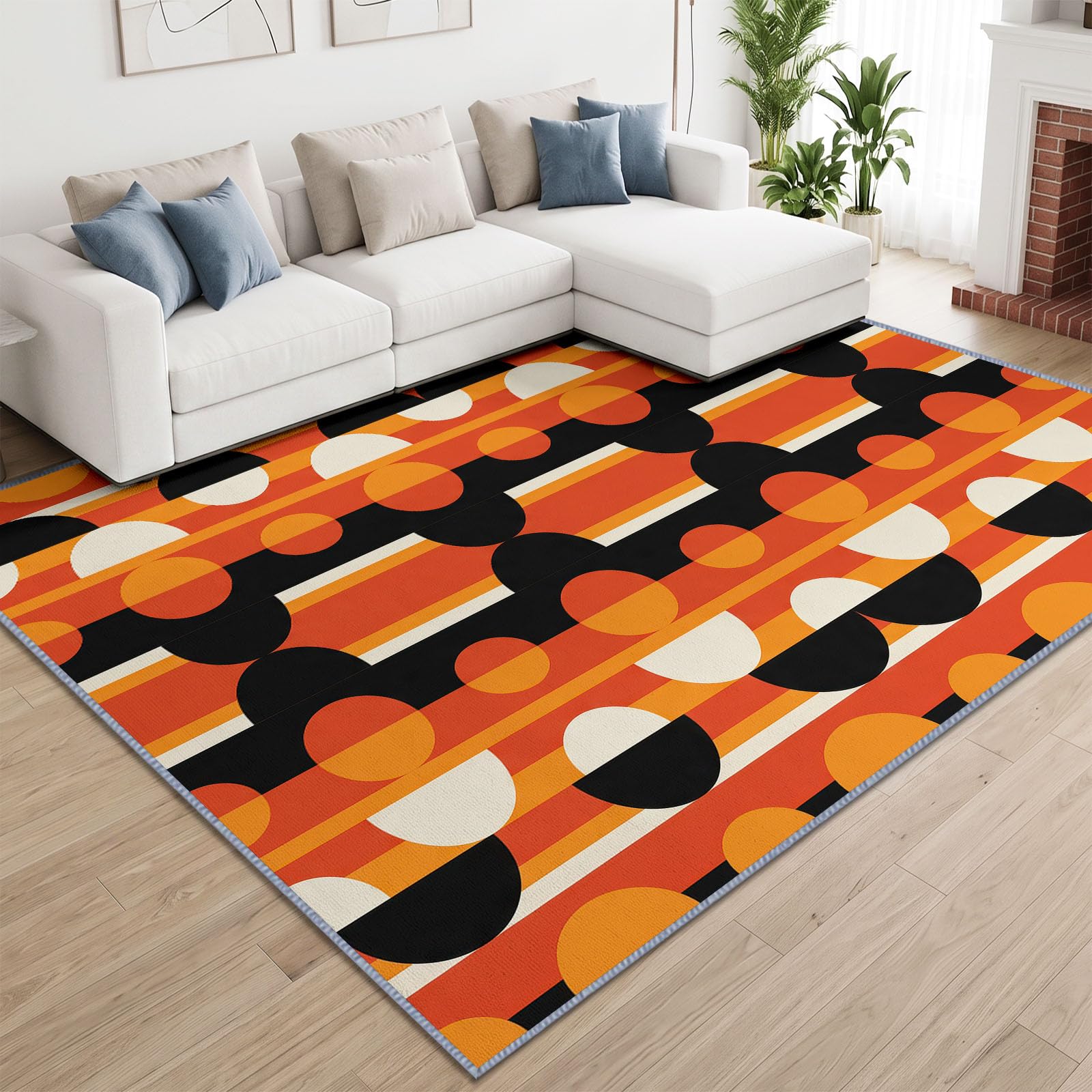 Tapis Salon Lavable en Machine Rayures Géométriques Rétro Semi Circulaires Tapis de Chambre à Poils Courts, Antidérapant Doux Poil Ras Rug, Idéal pour Chambre d'enfant, Couleur Orange, 160 x 230 cm