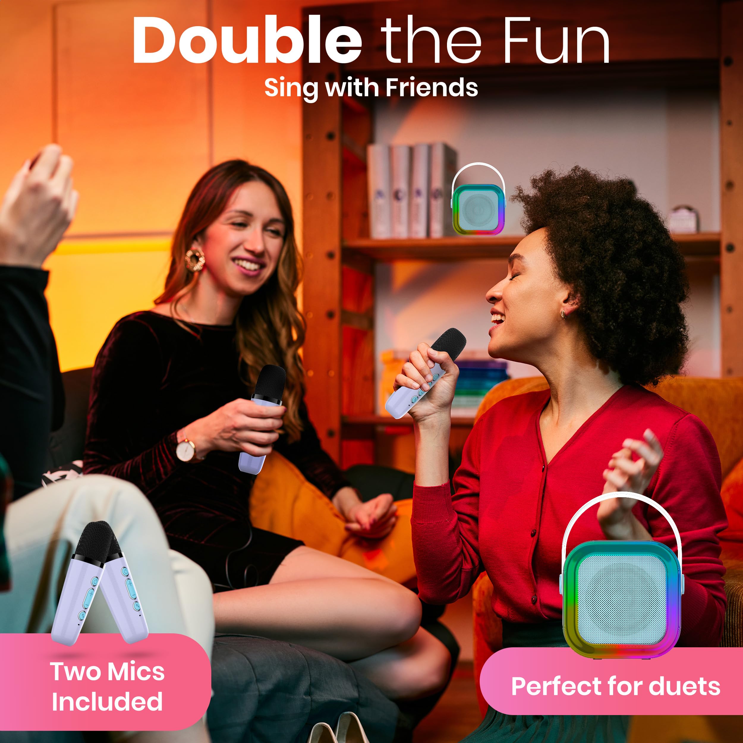 Mini macchina per karaoke con 2 microfoni wireless per bambini adolescenti adulti, regalo di compleanno, 7+ anni, piccolo microfono portatile con altoparlante Bluetooth per ragazze 8-12