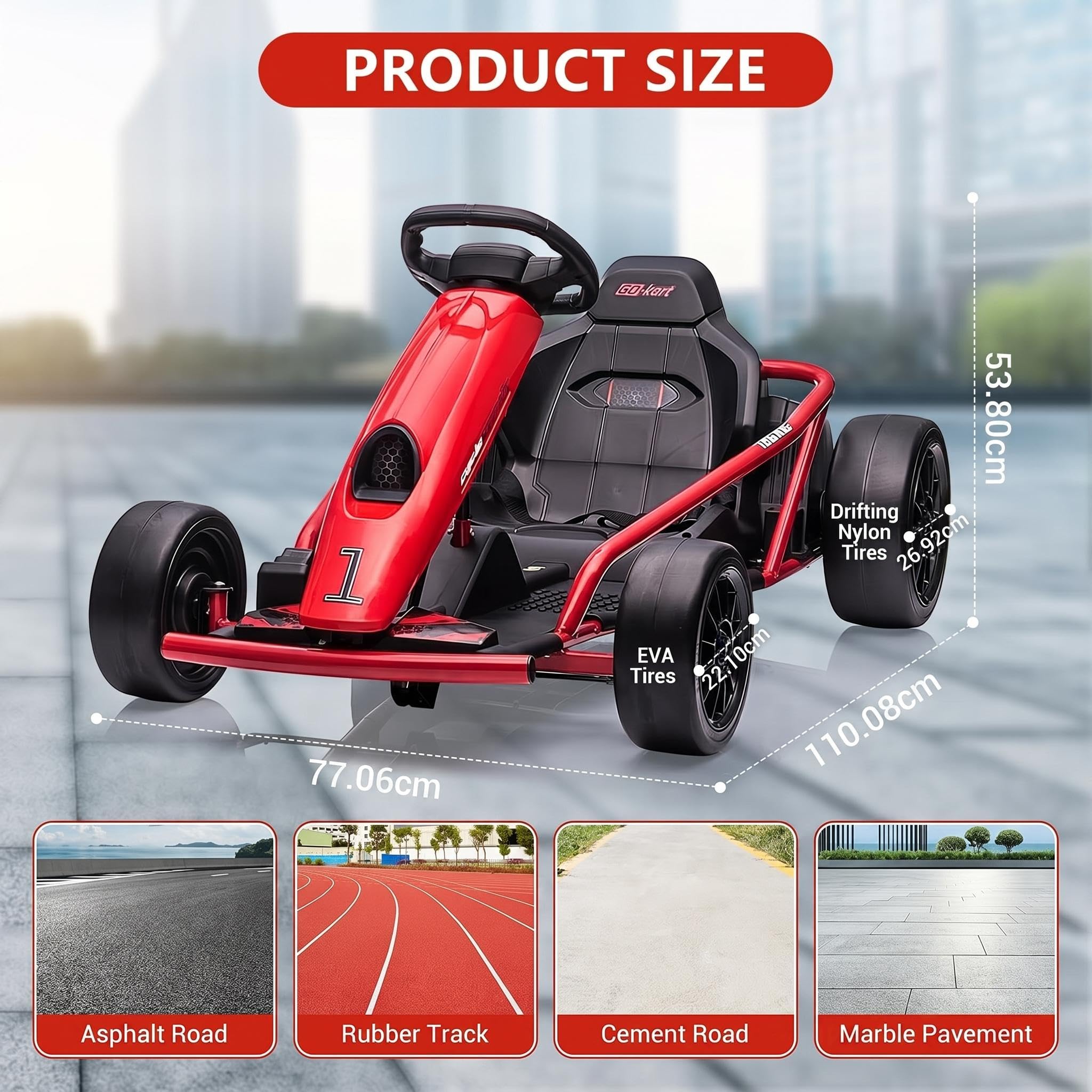 Elektrisches Go-Kart Rot 24V für Kinder, Drift Kart mit 2×12V 9Ah Akku, Verstellbarem Sitz, Vor- und Rückwärtsgang, Elektro Kinderauto ab 4 Jahren