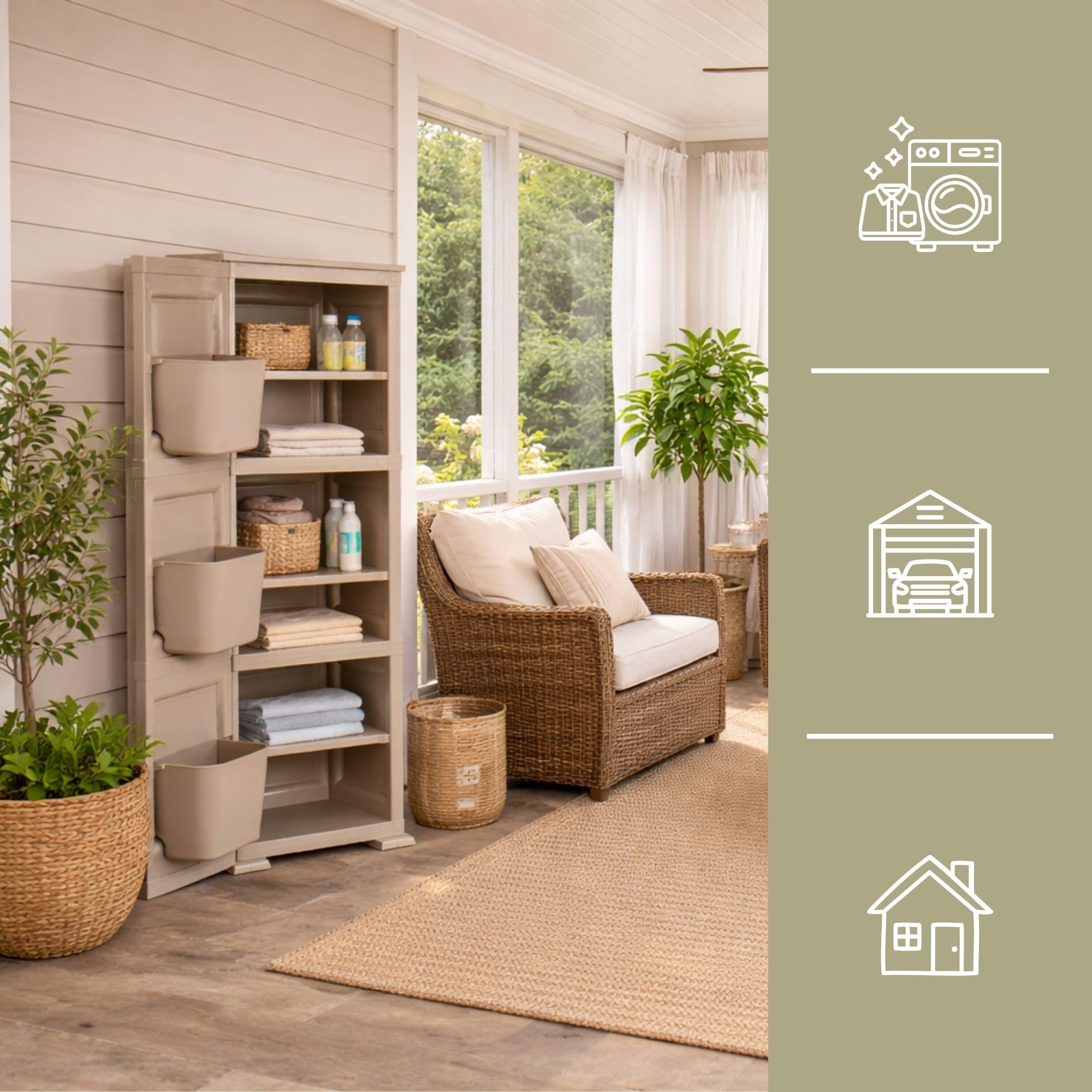 Armadio a Colonna in Plastica 40 x 43 x 125 cm con 3 Moduli, Anta e 3 Tasche Laterali – Mobile Multiuso Salvaspazio per Organizzazione Casa (Taupe)