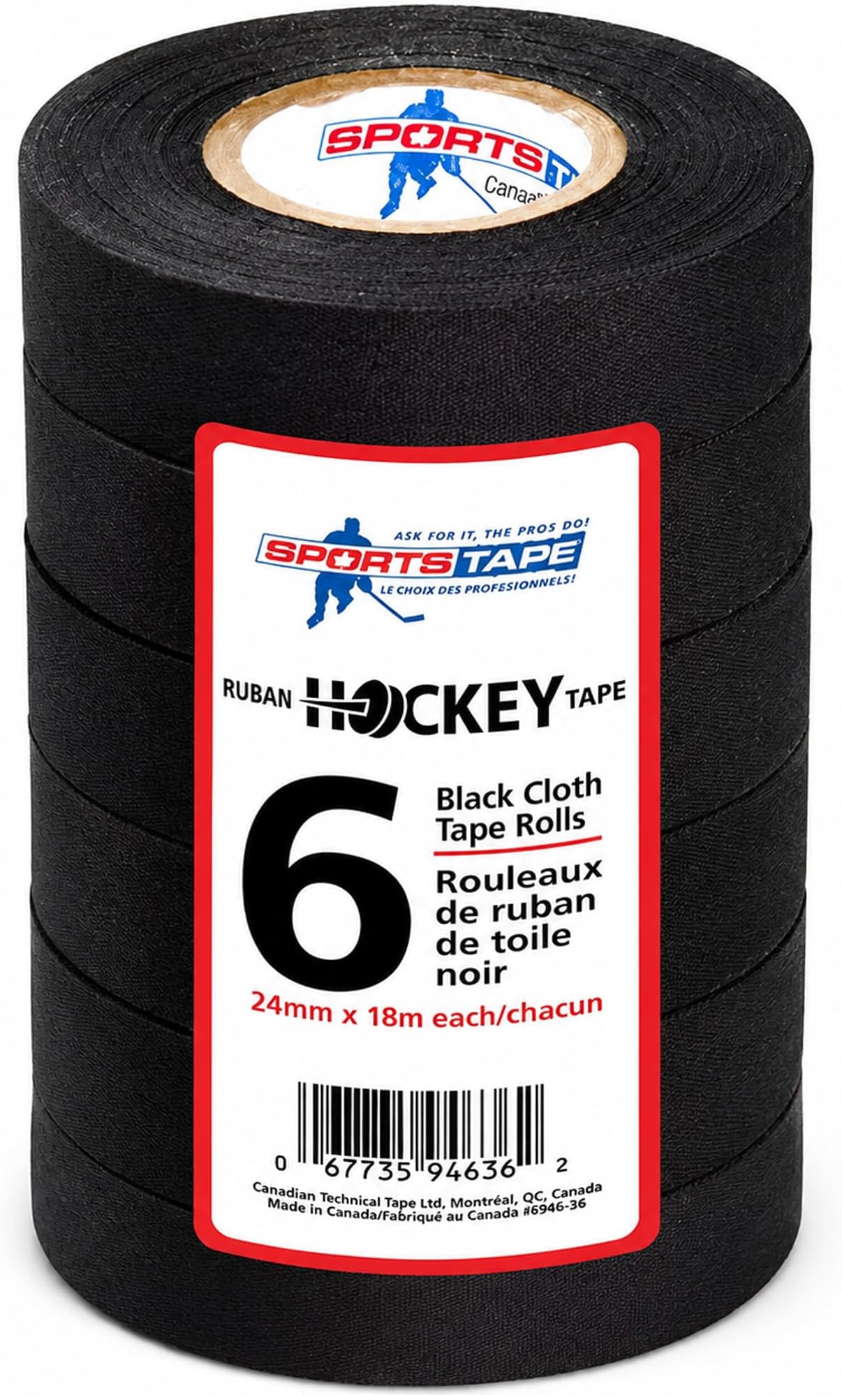 sports tape ST Pro-Grade Cloth Hockey Tape (6 Rolls) - Strong Long-Lasting, Water Resistant Athletic Grip Tape for Lacrosse, Hockey, Baseball & Multi-Sport Use (6, Black)
