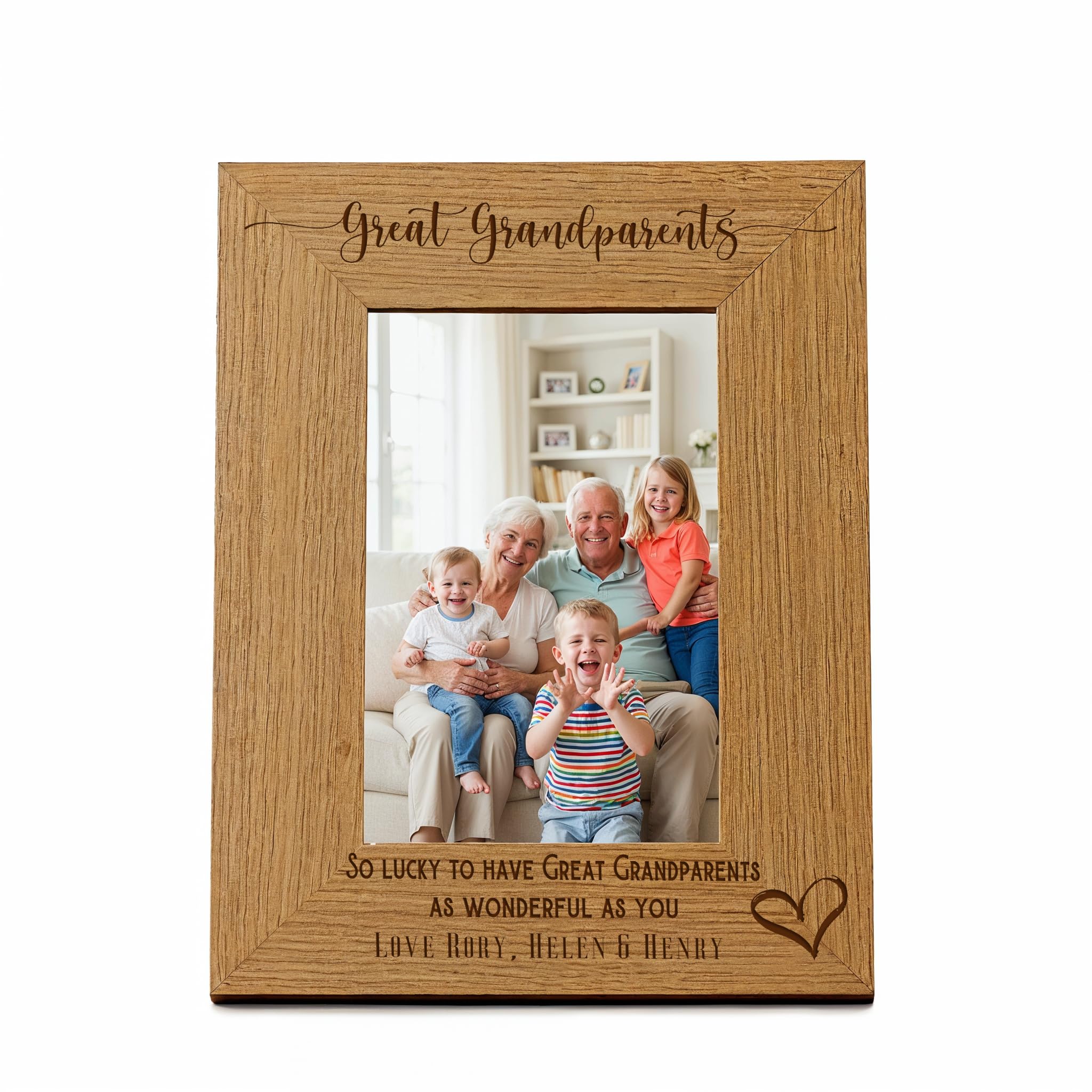 Personalised Great Grandparents Love Heart Engraved Portrait Photo Frame (5 x 7 Inch)