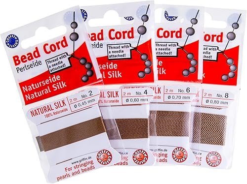 Griffin Bead Cord Surtido 100% seda beige natural (#2 - #4 - #6 - #8). Cada tarjeta incluye una aguja de encordar.