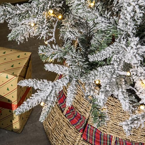 Miniatura 6 de NALONE Árbol de Navidad preiluminado de 7.5 pies con cuello de nieve de árbol tejido, árboles de Navidad delgados flocados con 320 luces LED blancas