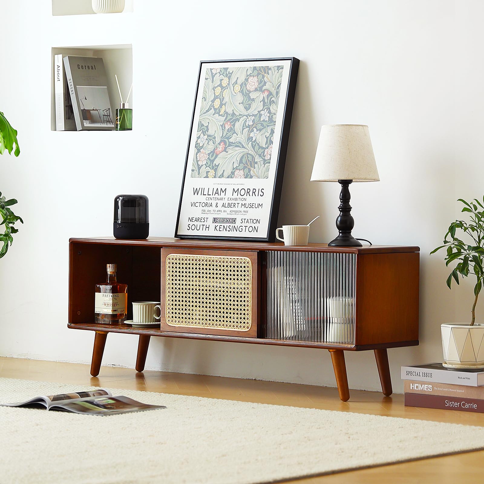 Soporte de TV de ratán para TV de 55 pulgadas, gabinete de TV de bambú con estante ajustable y almacenamiento, centro de entretenimiento bohemio, consola multimedia moderna de mediados de siglo 3