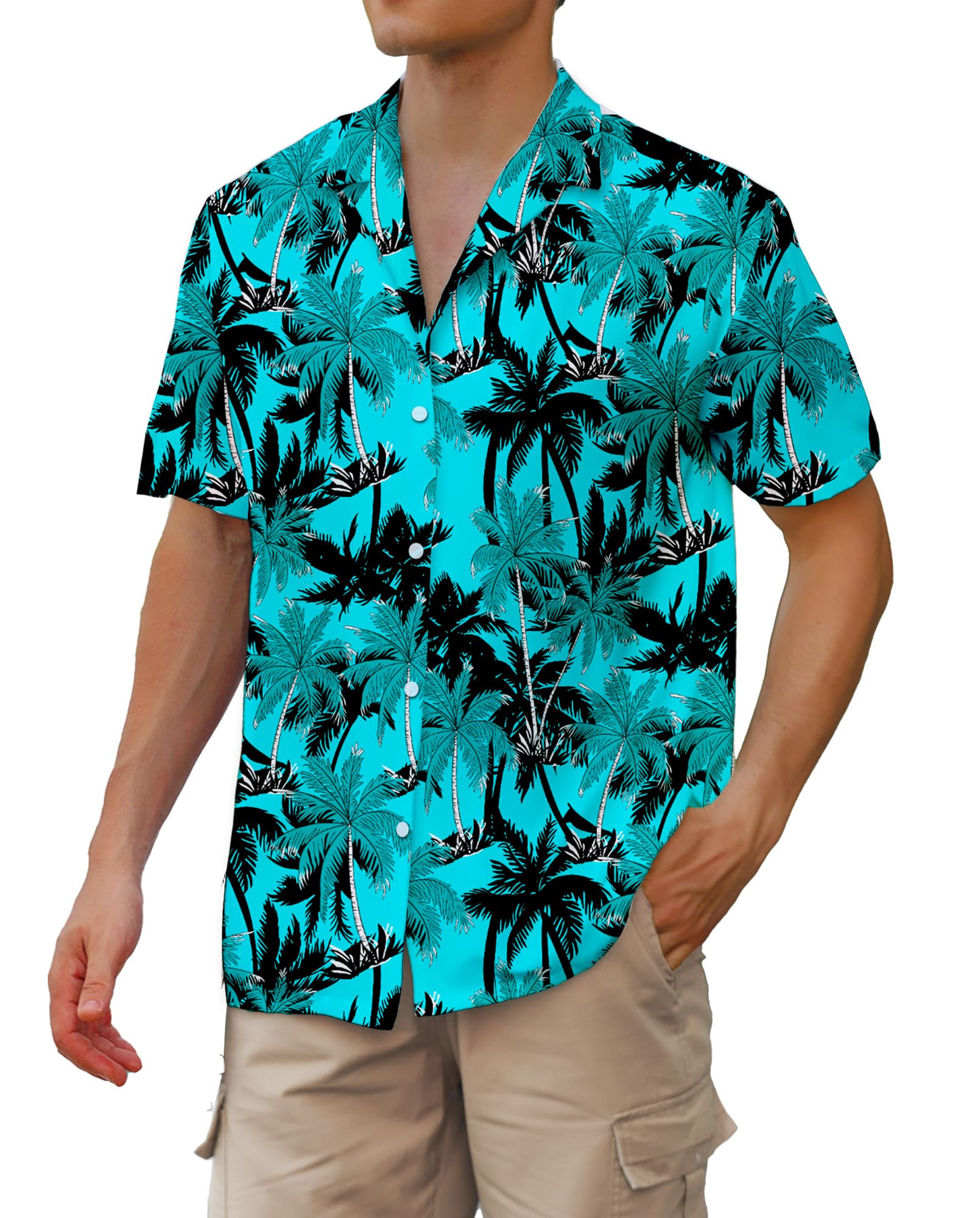 Cromoncent Camicia hawaiana da uomo e ragazzo a maniche corte con colletto cubano tropicale per vacanze estive da spiaggia, Cocco Turchese, 4XL