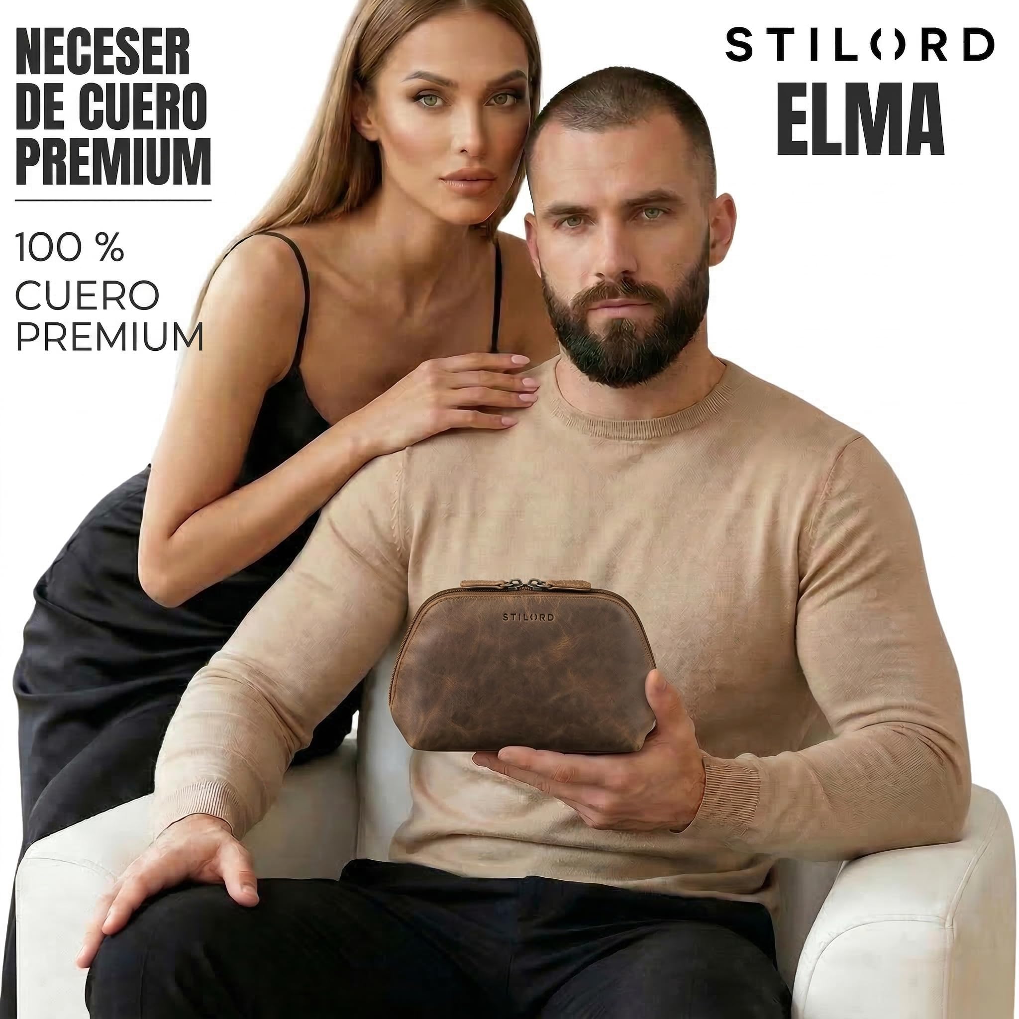 STILORD Elma Neceser Mujer Piel Neceser Hombre | Bolsa de Aseo Pequeña de Cuero Auténtico Organizador de Cosméticos para Viaje Color:marrón - Medio
