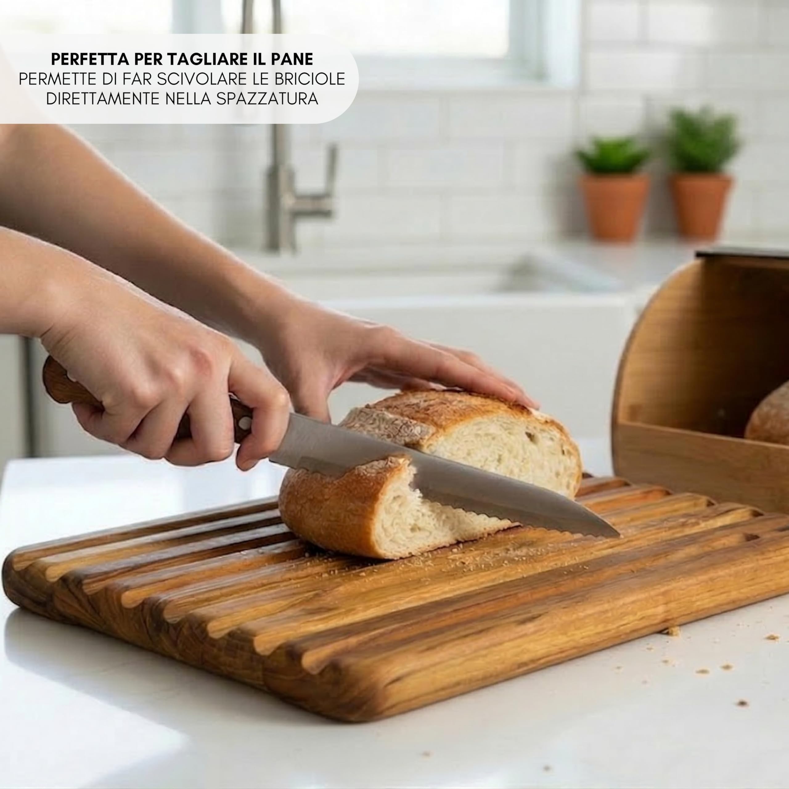 Erreke Tagliere da Cucina in Legno di Teak Naturale, 39x25x1,8 cm, Reversibile con Scanalature Aperte per Pane e Succhi, Tagliere Legno Cucina