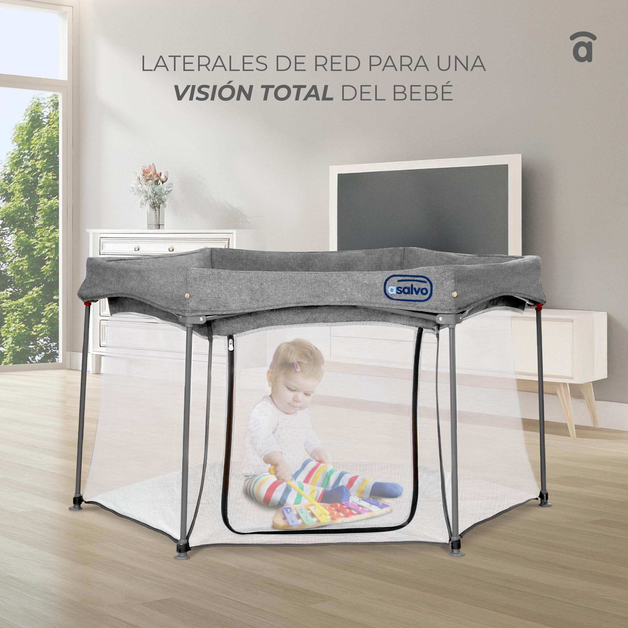 Asalvo LUXEMBURGO Parque Infantil Bebé Cuadrado y Plegable 150x150 cm, Corralito Bebe con Malla Transpirable, Parque de Juegos Bebe, Bolsa de Transporte, Fácil de Montar y Desmontar, Luxemburgo Gris
