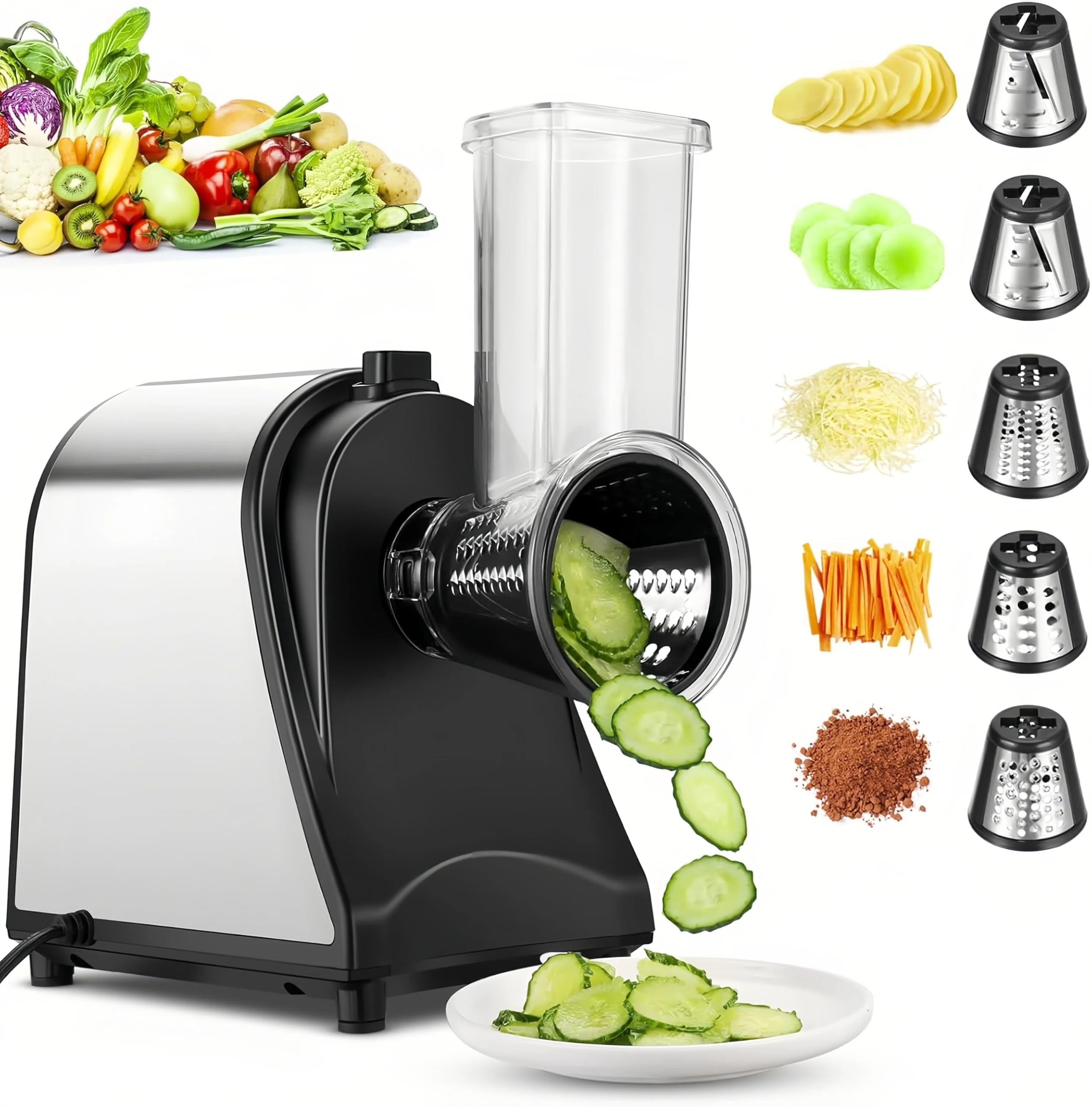 COOCHEER Elektrischer Gemüseschneider 250W mit 5 Trommeln, Edelstahl | 5-in-1Gemüsehobel Reibe für Käse, Obst & Gemüse. Spülmaschinenfest. Ideal für die schnelle und tägliche Familienküche