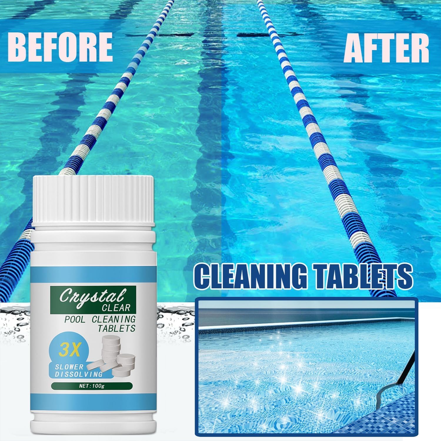 Pool Cleaning Tablet, Reinigungstabletten für Pool 100pcs, Pool Cleaning Tablets, Pool Reinigungstabletten, Sprudeltabletten zur für sauberes und hygienisches Poolwasser (100pcs-a)