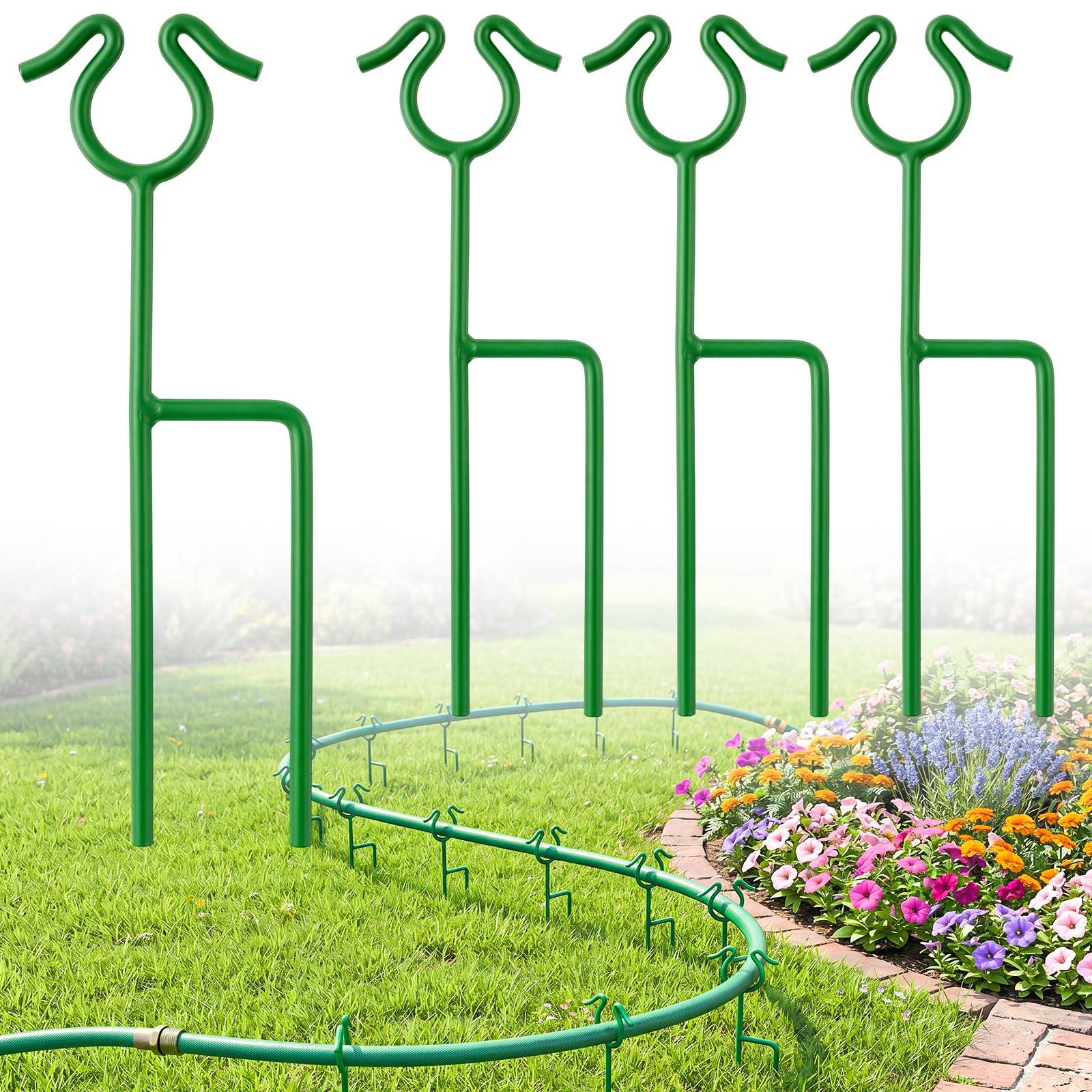 HolyMaji 4 Pack Garden Hose Guide Stakes, 14 inch Metal Hose Guides for Garden Heavy Duty Rustproof Coated Spike Keeps Water Hose Out of Flower Beds Outside Lawn & Yard Plant Protection (Green)