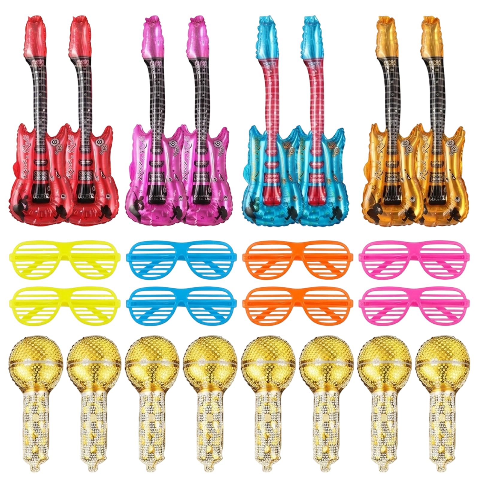 24 Piece Inflatable Guitar Party Props, Blow Up Guitar Set for Photobooth and Music Events, Inflatable Instruments Collection with Microphones and Glasses, Mamma Mia Party Decorations Adults