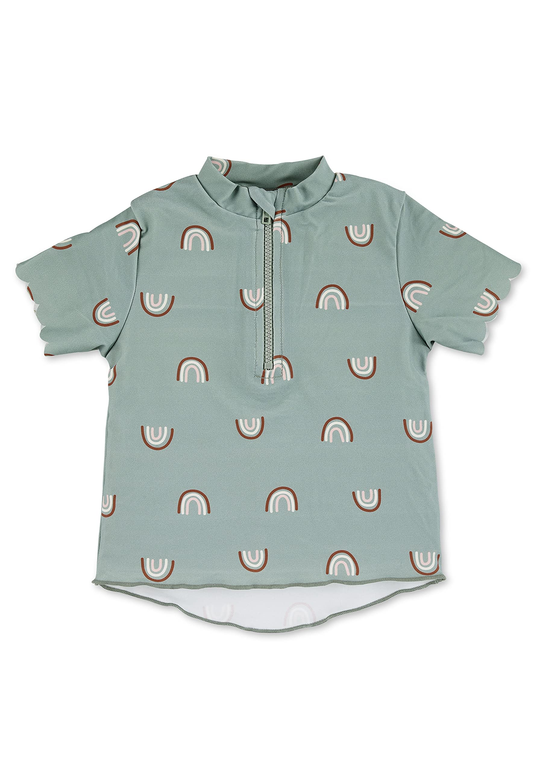 Sterntaler Badeshirt Regenbogen – UV-Schutz 50+ Kurzarm Schwimmshirt Mädchen – Badeoberteil mit Regenbogenmuster, Reißverschluss & Stehkragen – steingrün, Größe 92